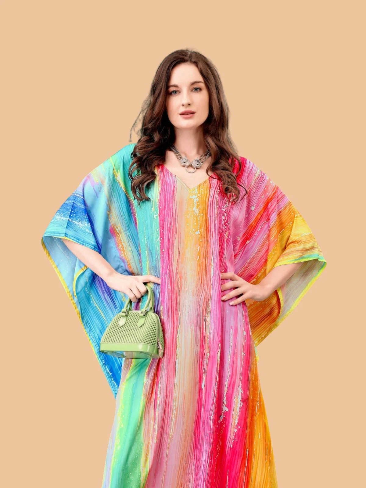 Odette Multicolor Silk Blend Printed Kaftan For Women - Image 4