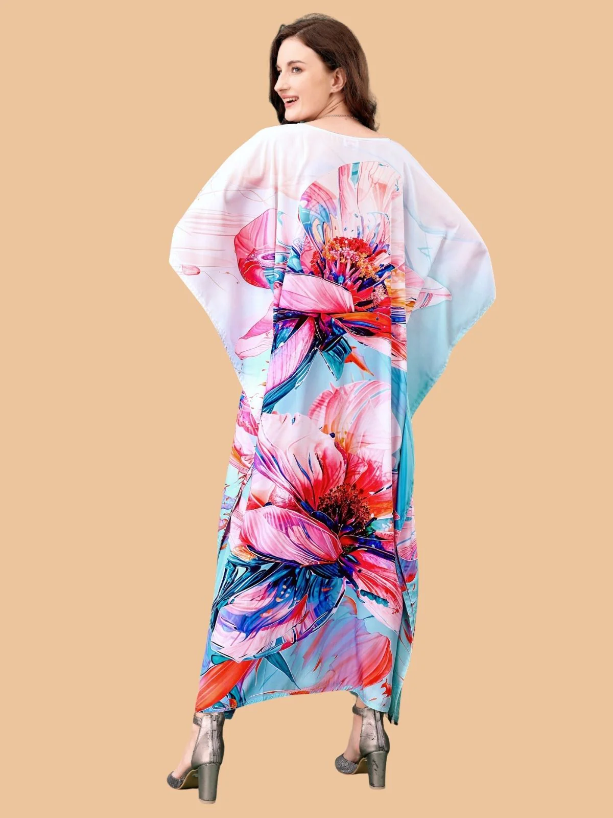 Odette Multicolor Silk Blend Printed Kaftan For Women - Image 3