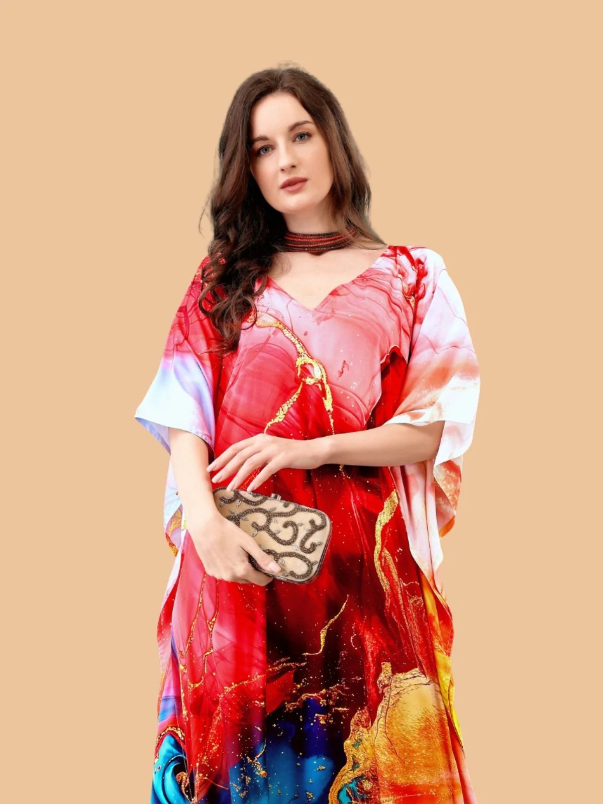Odette Multicolor Silk Blend Printed Kaftan For Women - Image 4