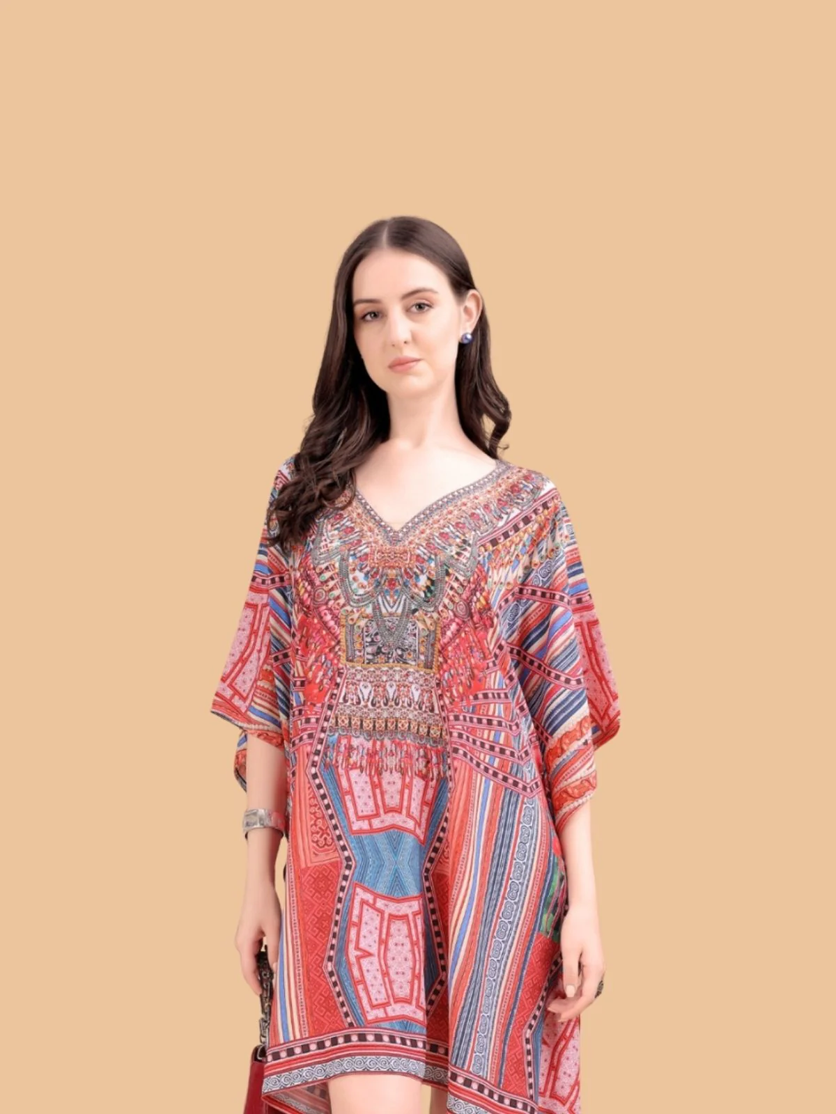 Odette Multicolor Silk Blend Printed Kaftan For Women - Image 4