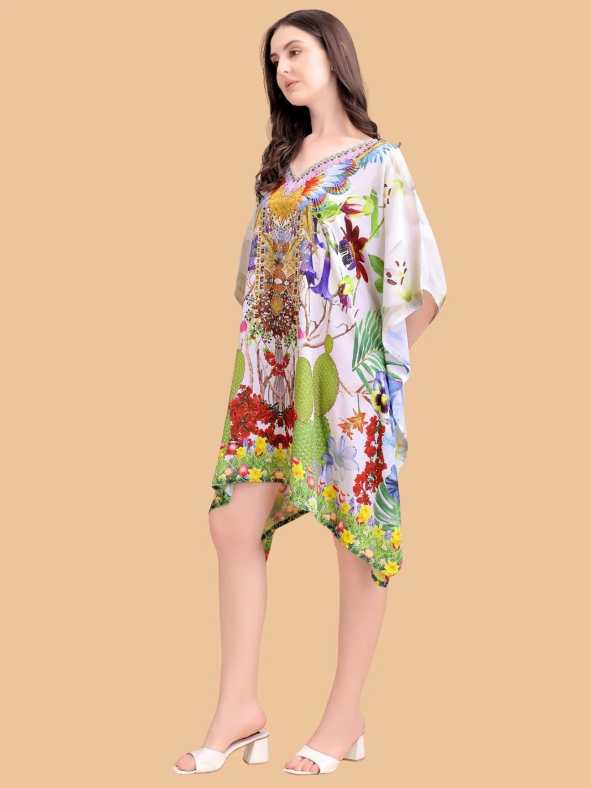 Odette Multicolor Silk Blend Printed Kaftan For Women - Image 2