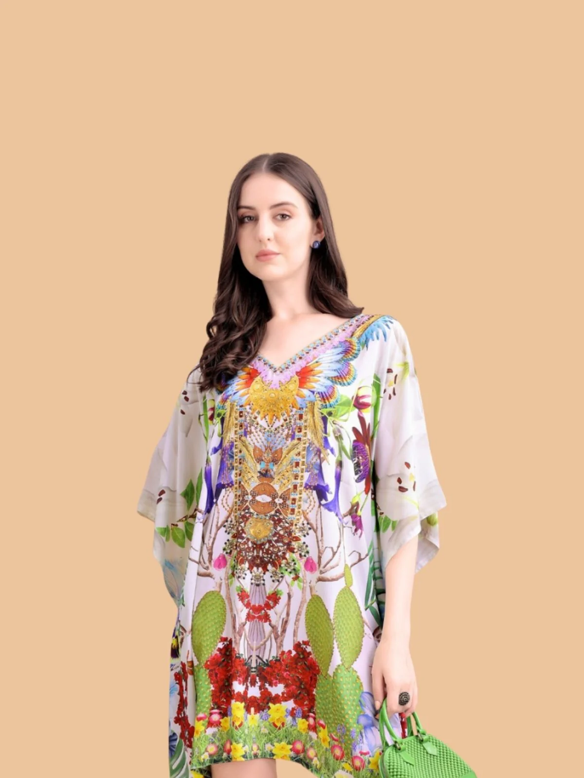 Odette Multicolor Silk Blend Printed Kaftan For Women - Image 4