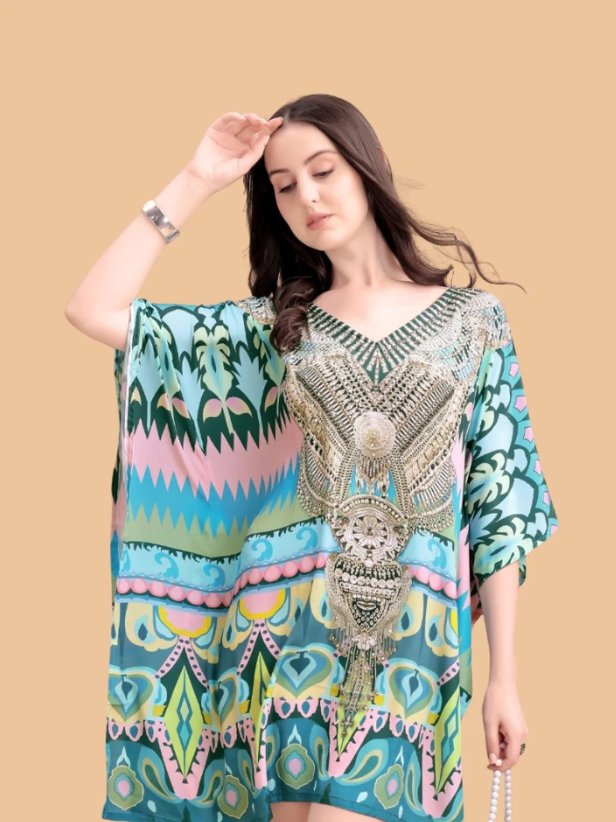 Odette Multicolor Silk Blend Printed Kaftan For Women - Image 4