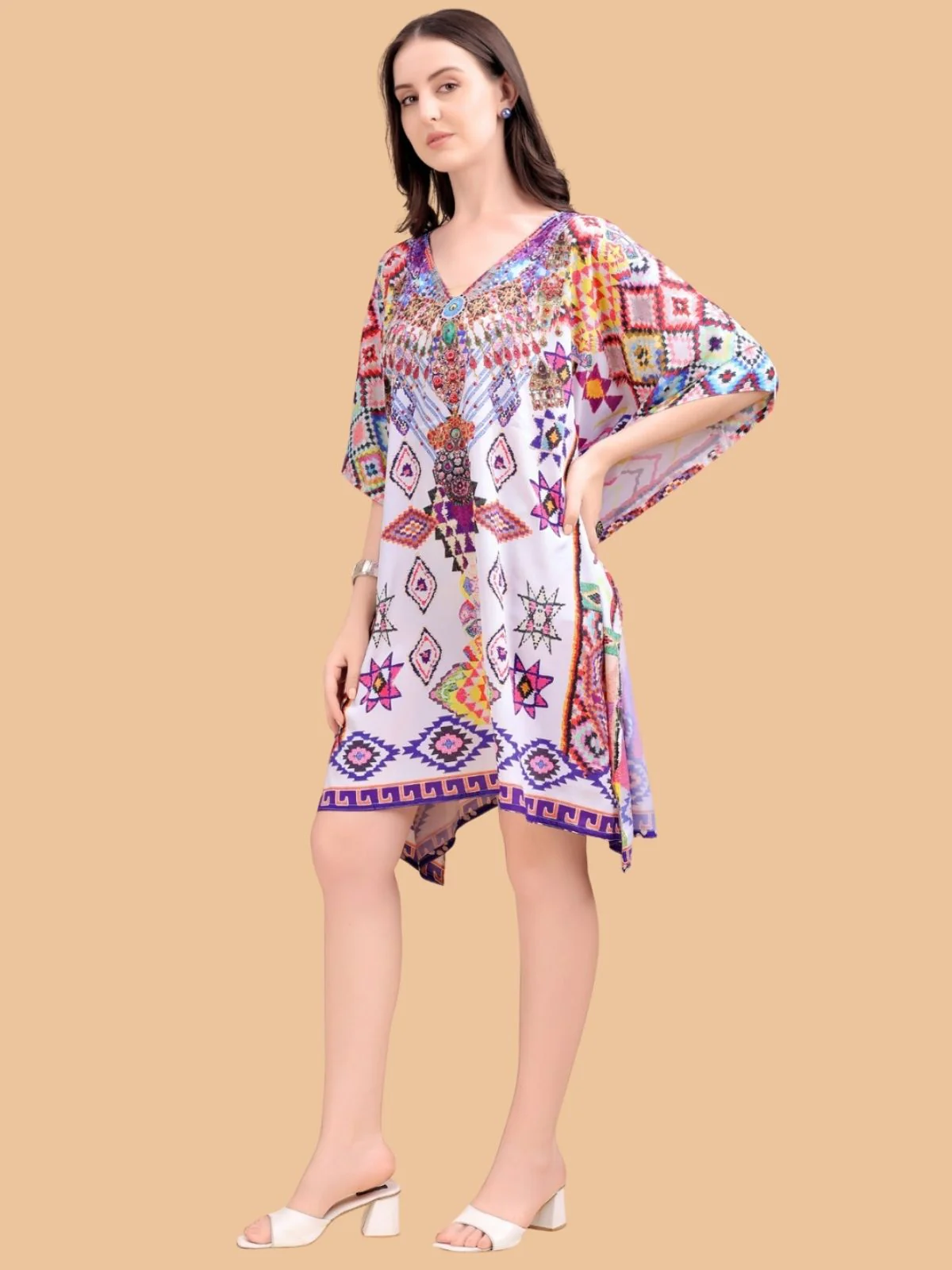 Odette Multicolor Silk Blend Printed Kaftan For Women - Image 2