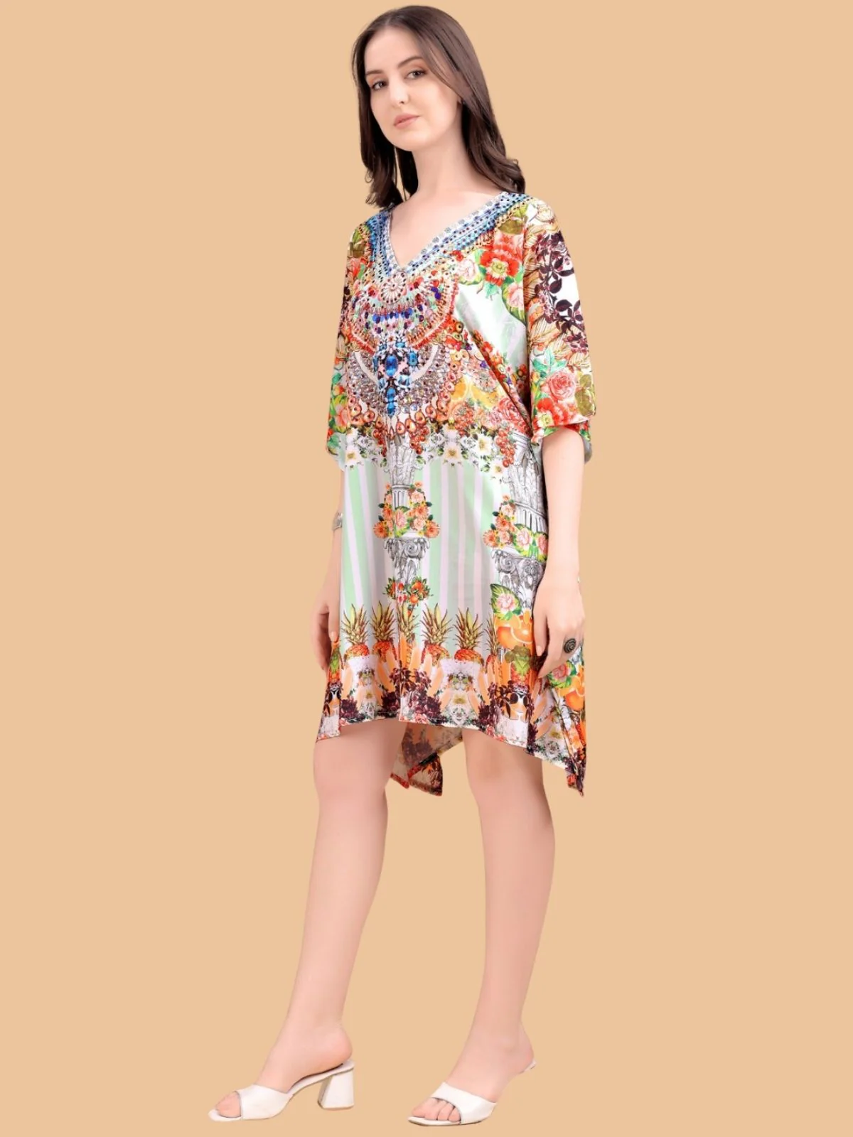 Odette Multicolor Silk Blend Printed Kaftan For Women - Image 2