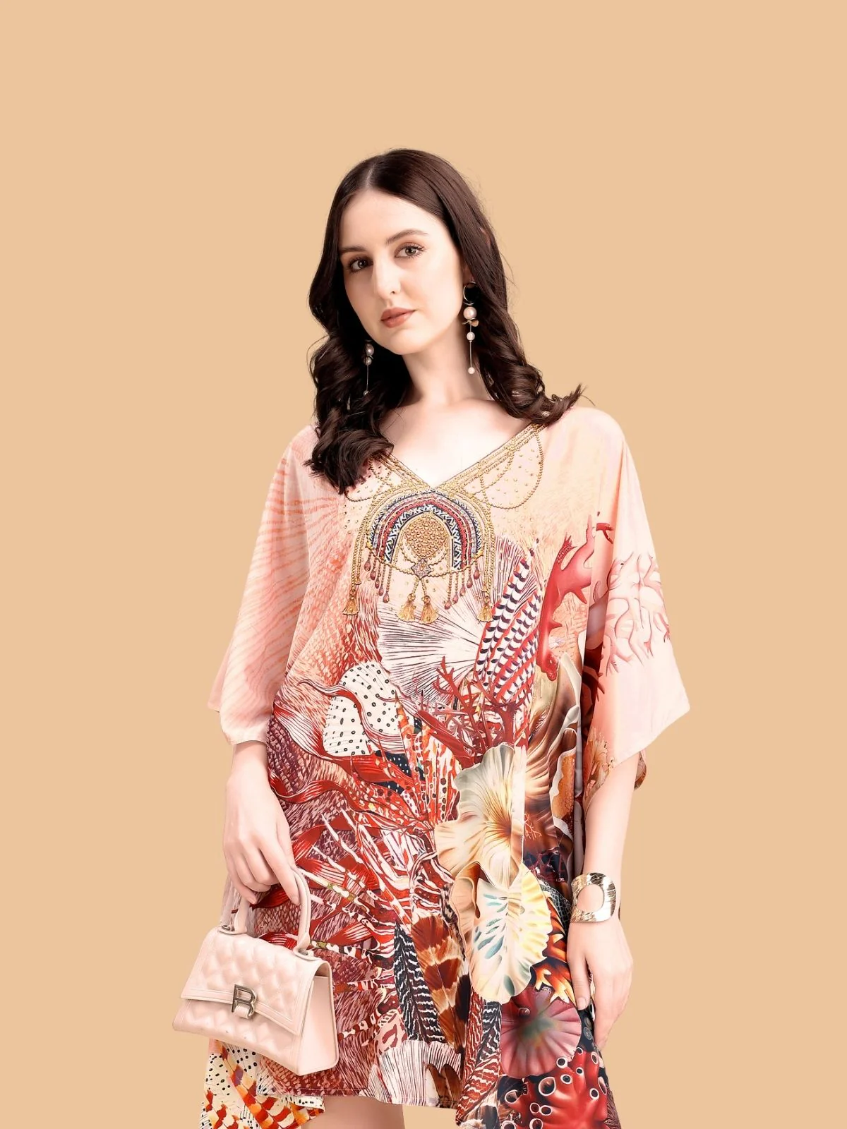 Odette Multicolor Silk Blend Printed Kaftan For Women - Image 4