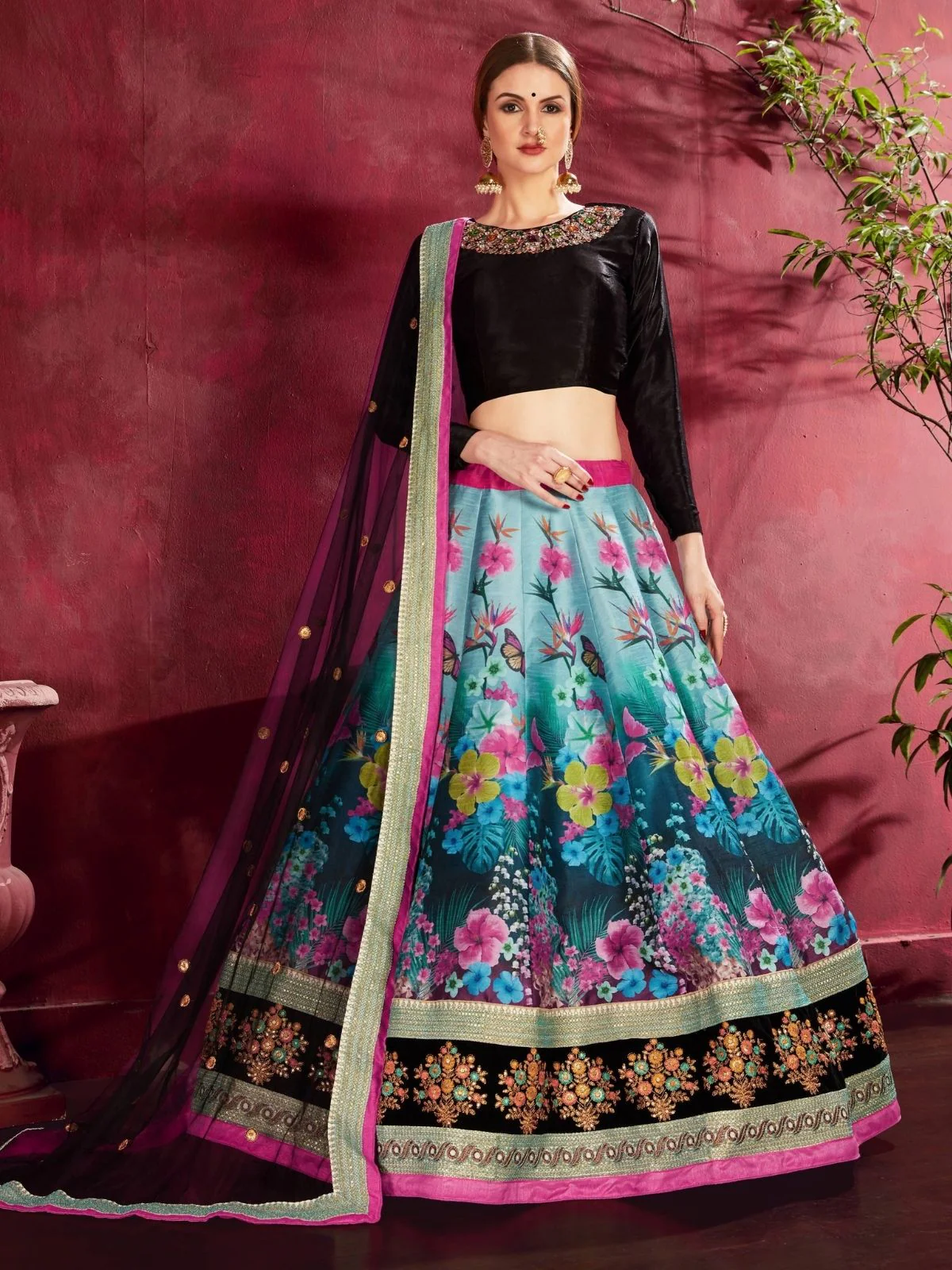 Odette Multicolor Silk Blend Printed Semi Stitched Lehenga With Blouse For Women - Image 2