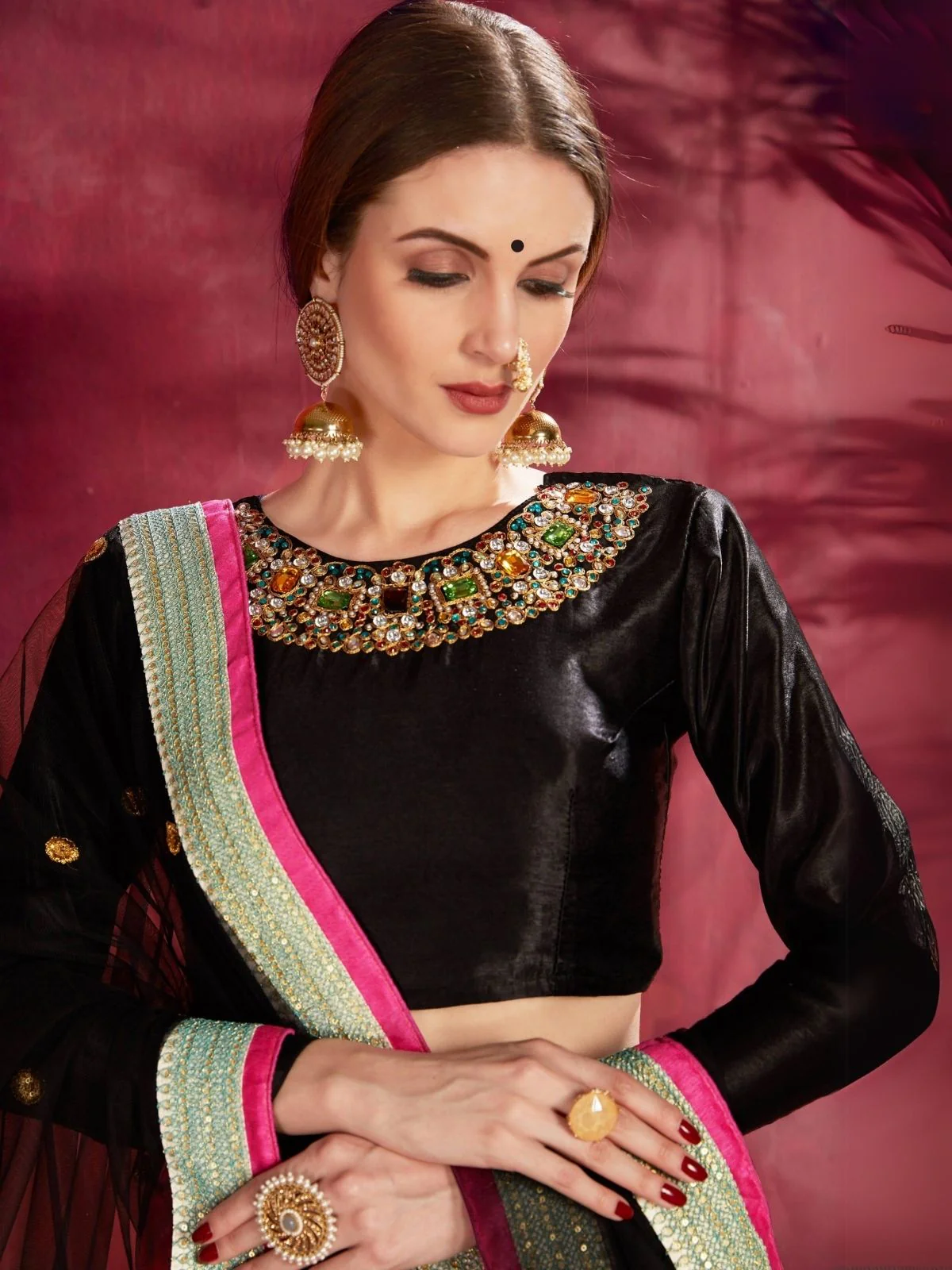 Odette Multicolor Silk Blend Printed Semi Stitched Lehenga With Blouse For Women - Image 3
