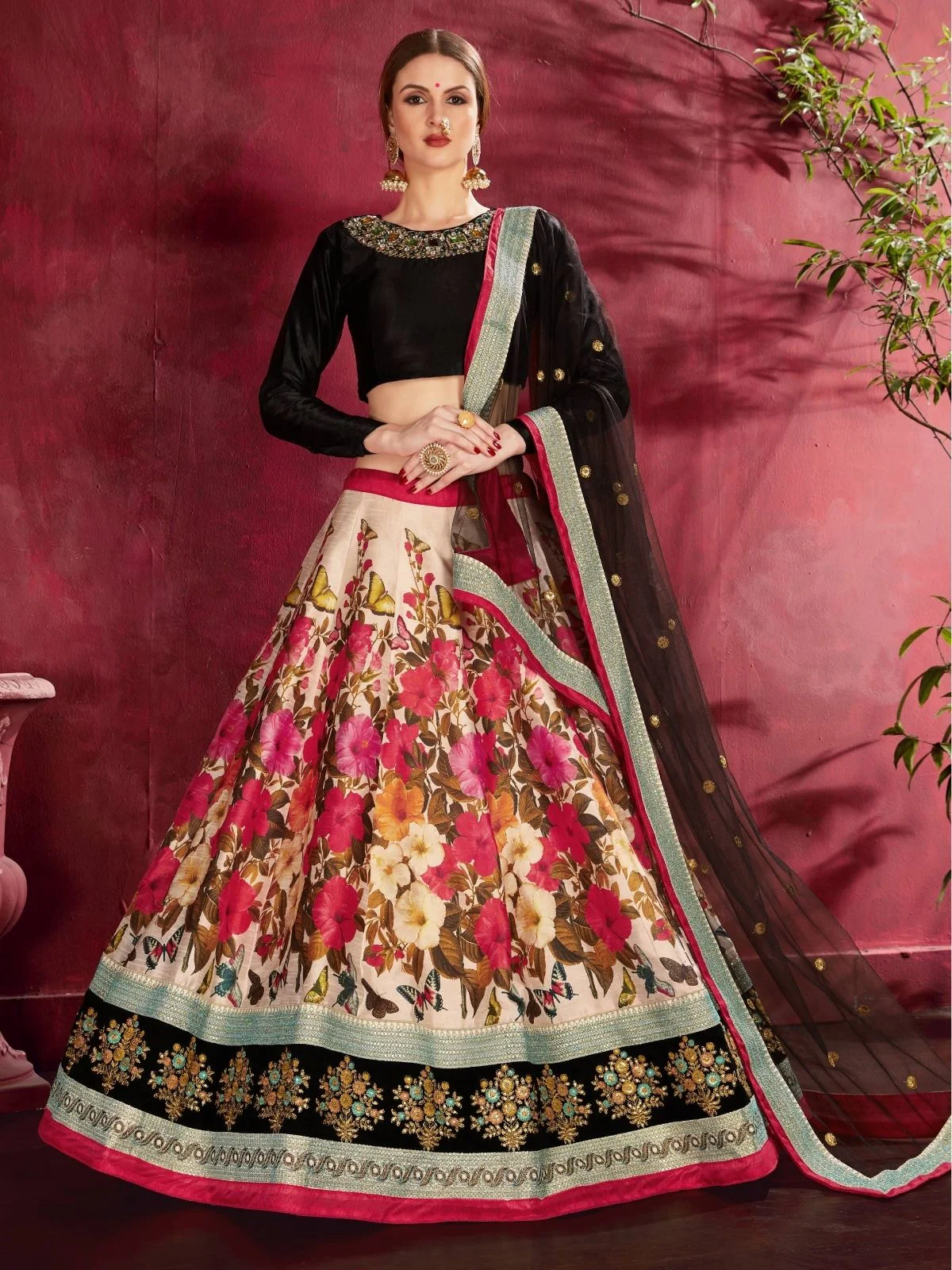 Odette Multicolor Silk Blend Printed Semi Stitched Lehenga With Blouse For Women