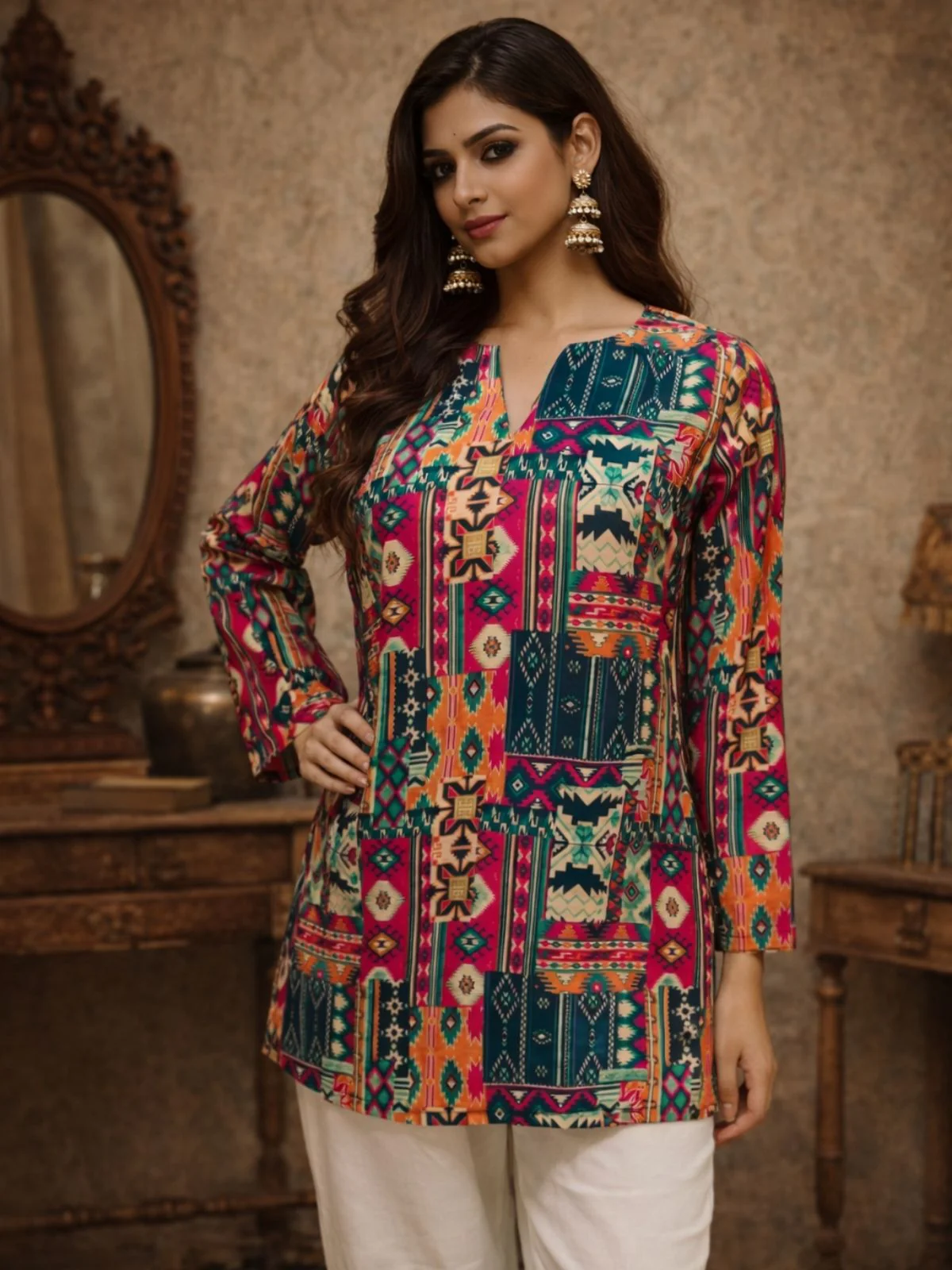 Odette Multicolor Silk Blend Printed Solid Kurti For Women