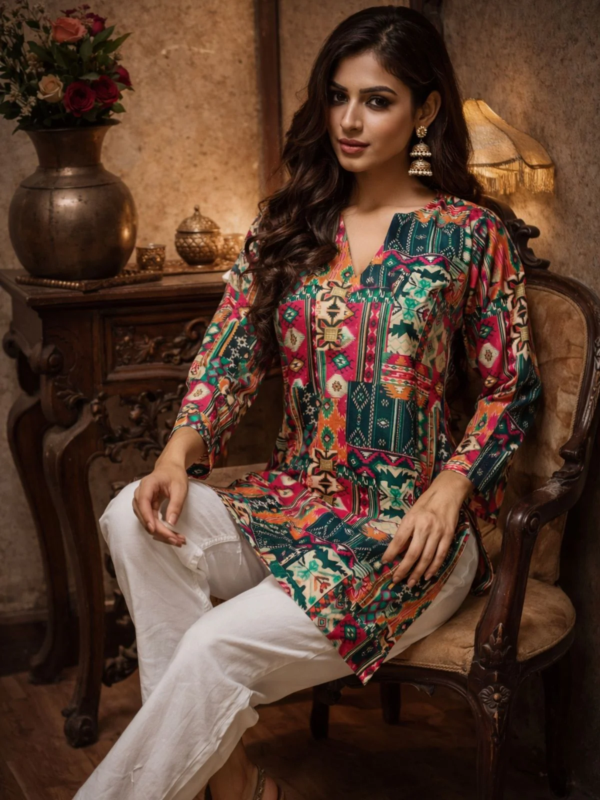 Odette Multicolor Silk Blend Printed Solid Kurti For Women - Image 2
