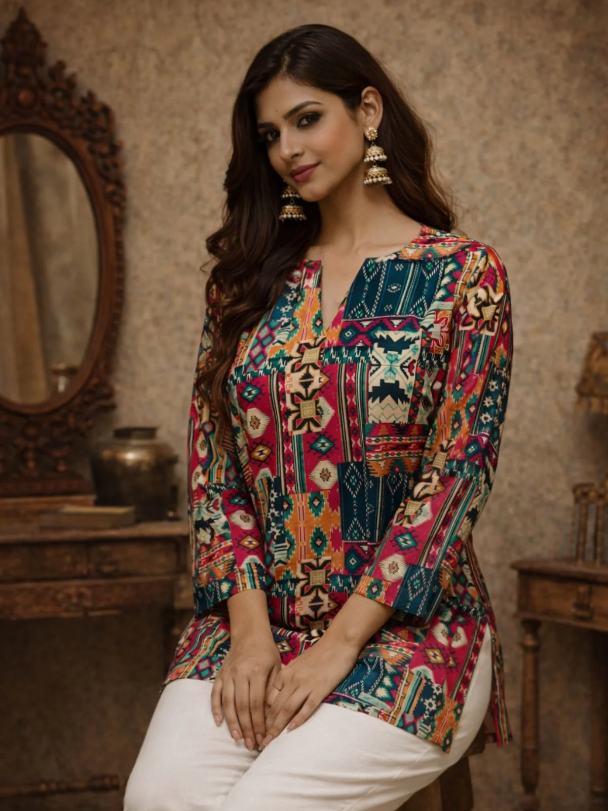 Odette Multicolor Silk Blend Printed Solid Kurti For Women - Image 4