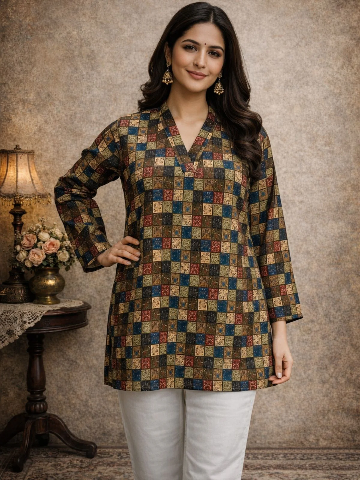 Odette Multicolor Silk Blend Printed Solid Kurti For Women
