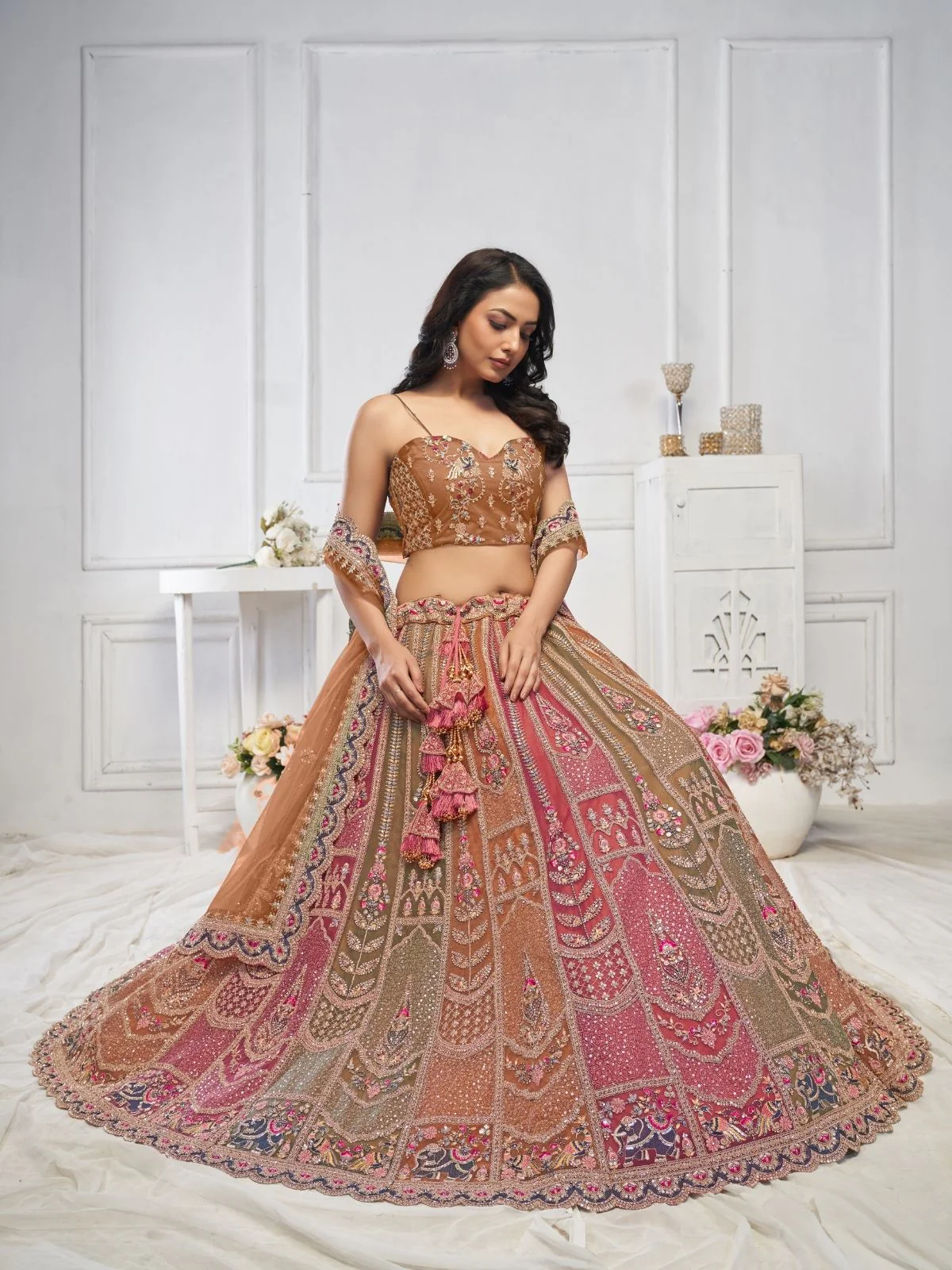 Odette Multicolor Soft Net Embellished Semi-Stitched Lehenga With Unstitched Blouse For Women - Image 2