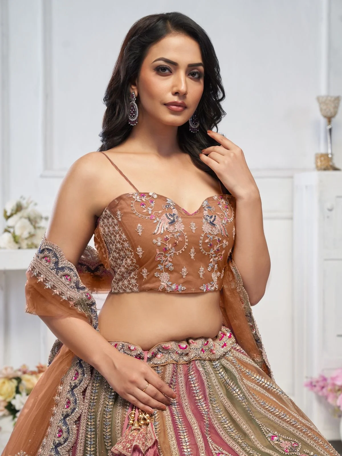 Odette Multicolor Soft Net Embellished Semi-Stitched Lehenga With Unstitched Blouse For Women - Image 3