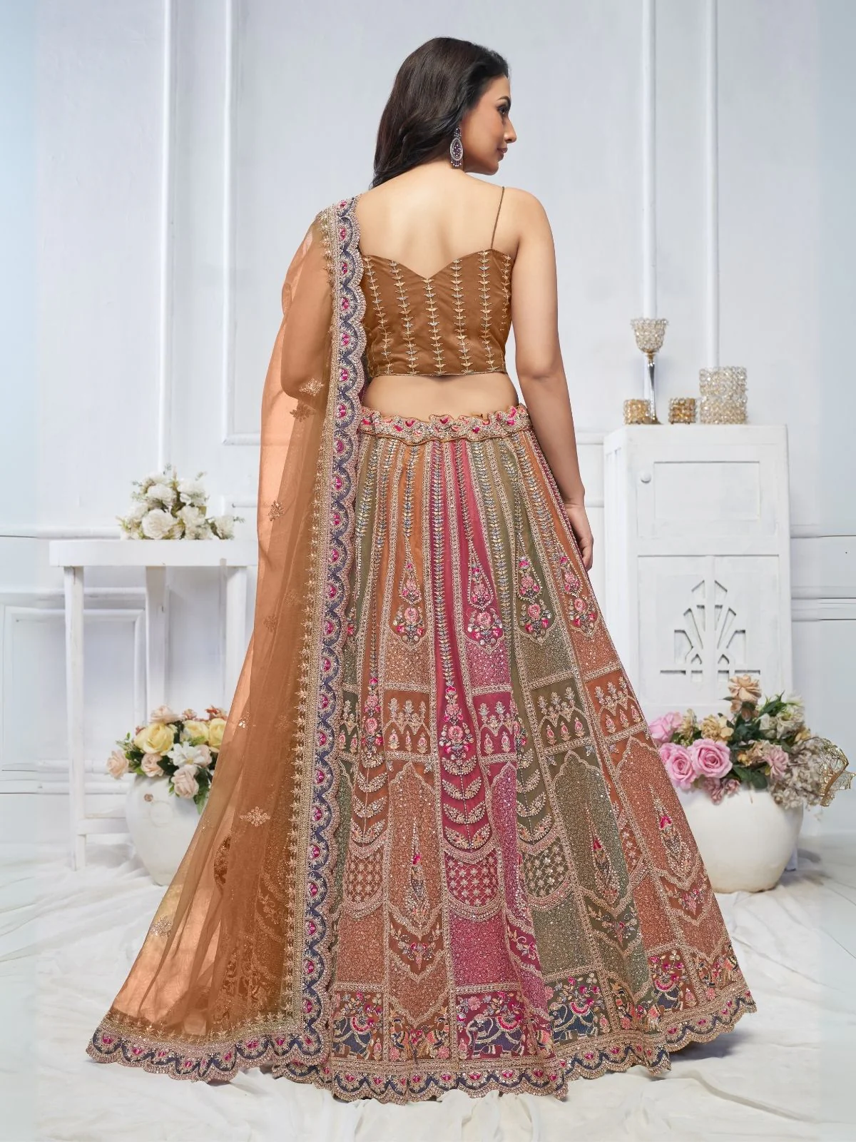 Odette Multicolor Soft Net Embellished Semi-Stitched Lehenga With Unstitched Blouse For Women - Image 4