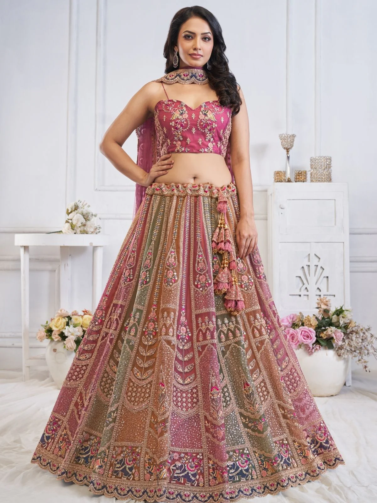 Odette Multicolor Soft Net Embellished Semi-Stitched Lehenga With Unstitched Blouse For Women