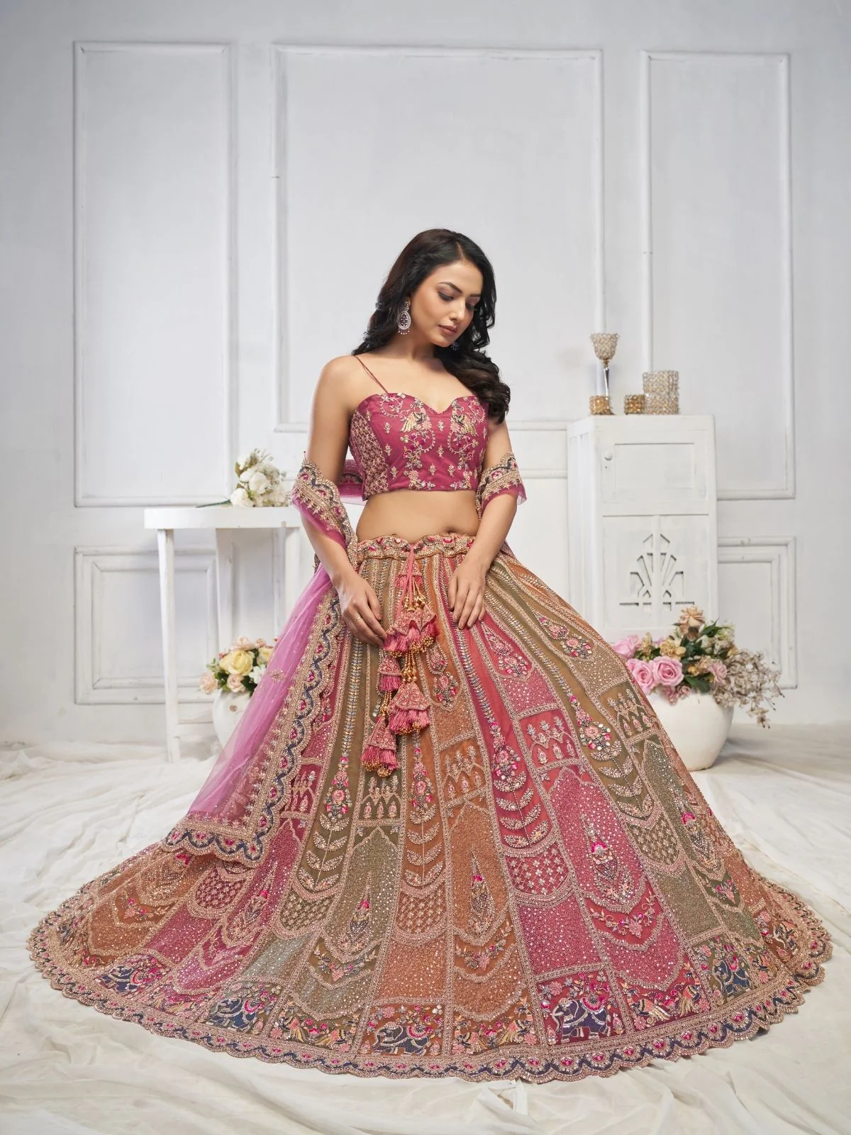 Odette Multicolor Soft Net Embellished Semi-Stitched Lehenga With Unstitched Blouse For Women - Image 2
