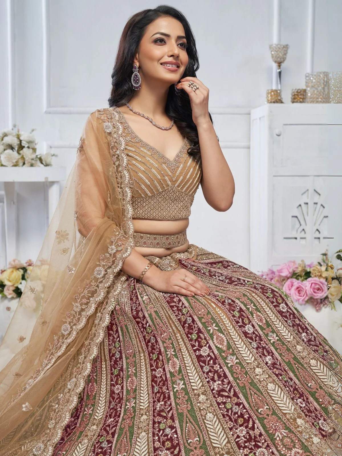 Odette Multicolor Soft Net Embroidered Semi-Stitched Lehenga With Unstitched Blouse For Women - Image 4
