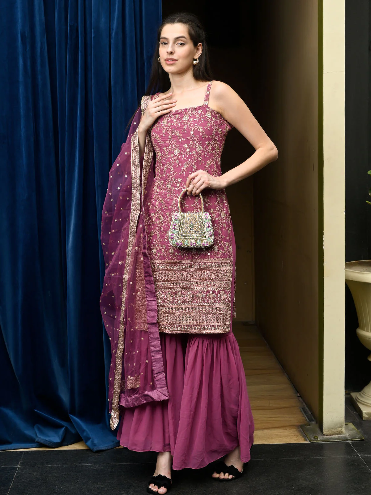 Odette Multicolor Suede Embellished Hand Bag For Women - Image 2