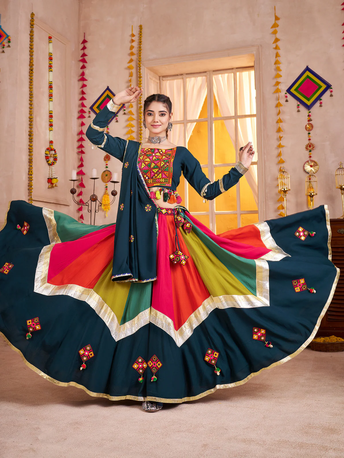 Odette Multicolor Viscose Cotton Embroidered Semi-Stitched Lehenga Choli For Women - Image 2
