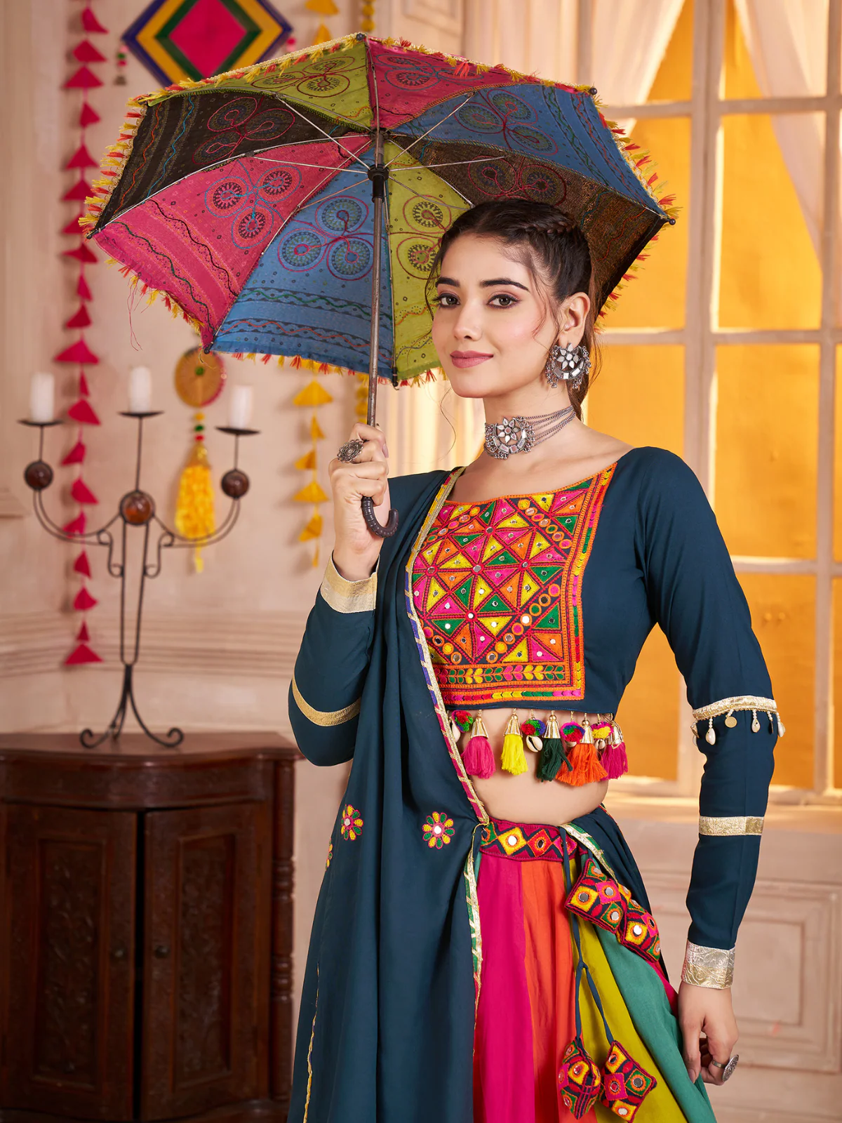 Odette Multicolor Viscose Cotton Embroidered Semi-Stitched Lehenga Choli For Women - Image 3