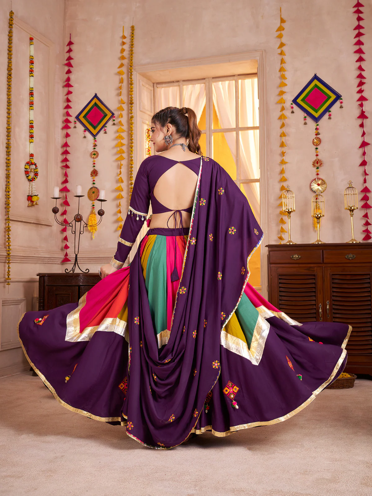 Odette Multicolor Viscose Cotton Embroidered Semi-Stitched Lehenga Choli For Women - Image 4