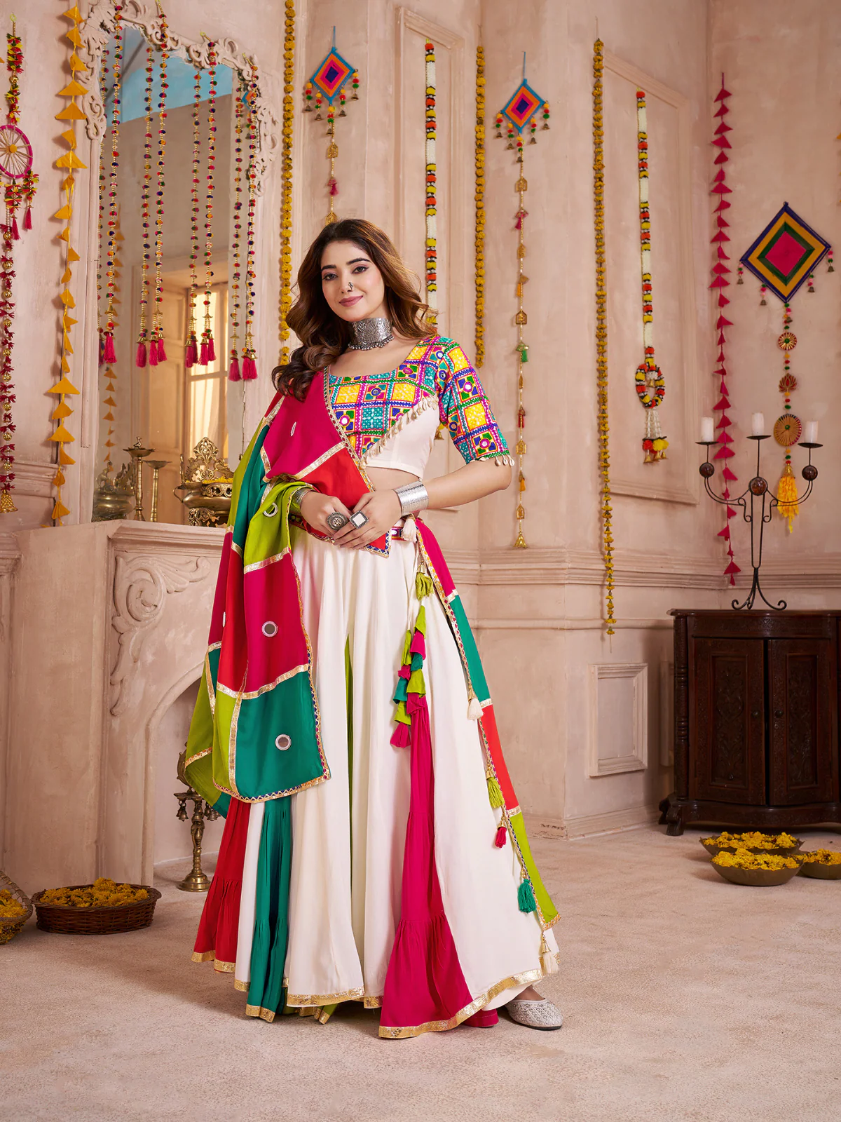 Odette Multicolor Viscose Cotton Embroidered Semi-Stitched Lehenga Choli For Women - Image 2