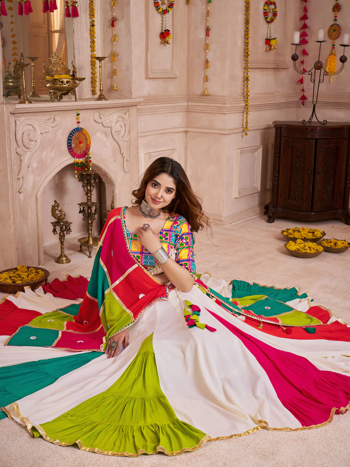 Odette Multicolor Viscose Cotton Embroidered Semi-Stitched Lehenga Choli For Women - Image 3
