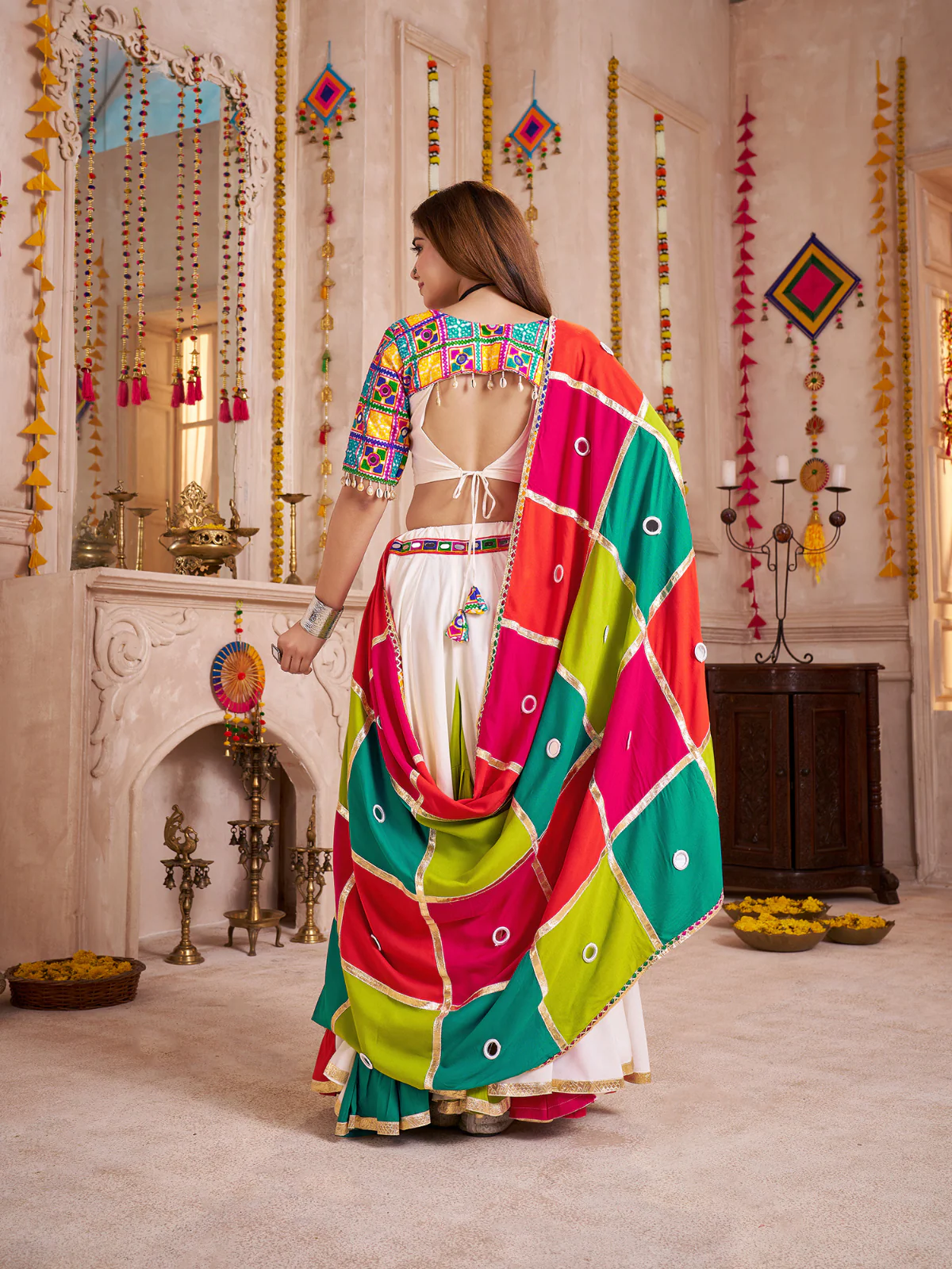 Odette Multicolor Viscose Cotton Embroidered Semi-Stitched Lehenga Choli For Women - Image 5