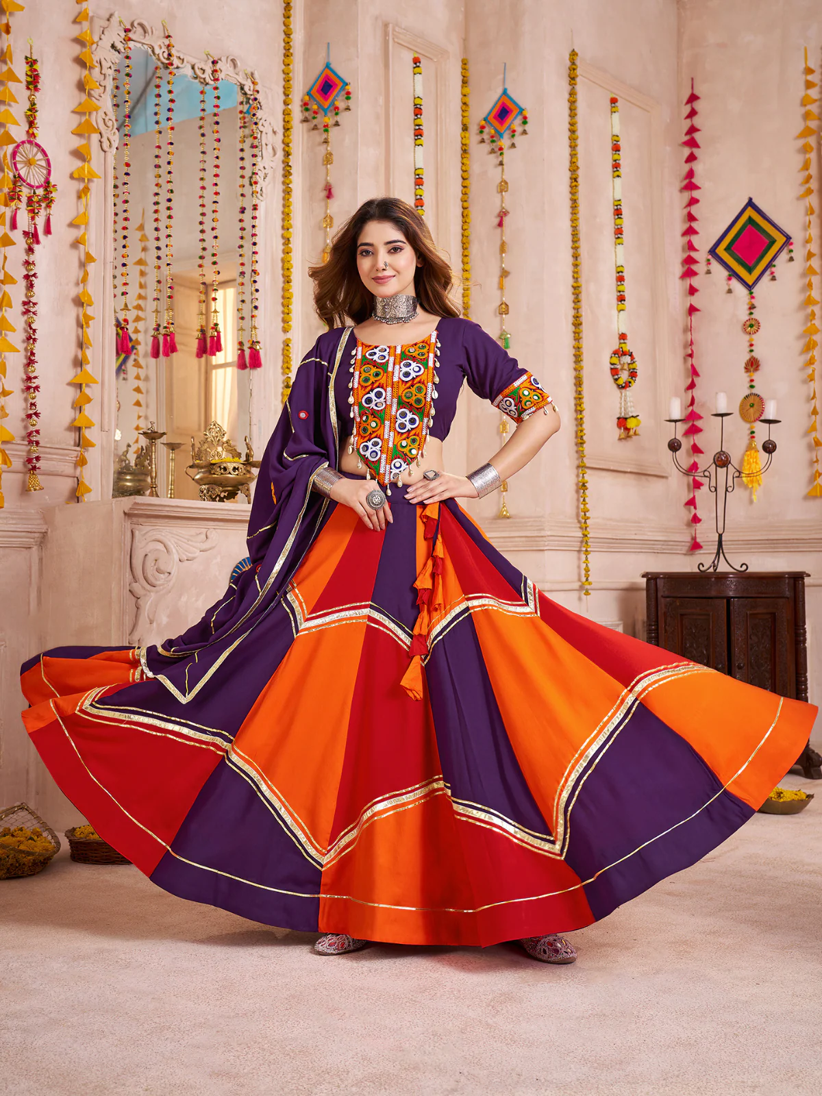 Odette Multicolor Viscose Cotton Embroidered Semi-Stitched Lehenga Choli For Women - Image 2