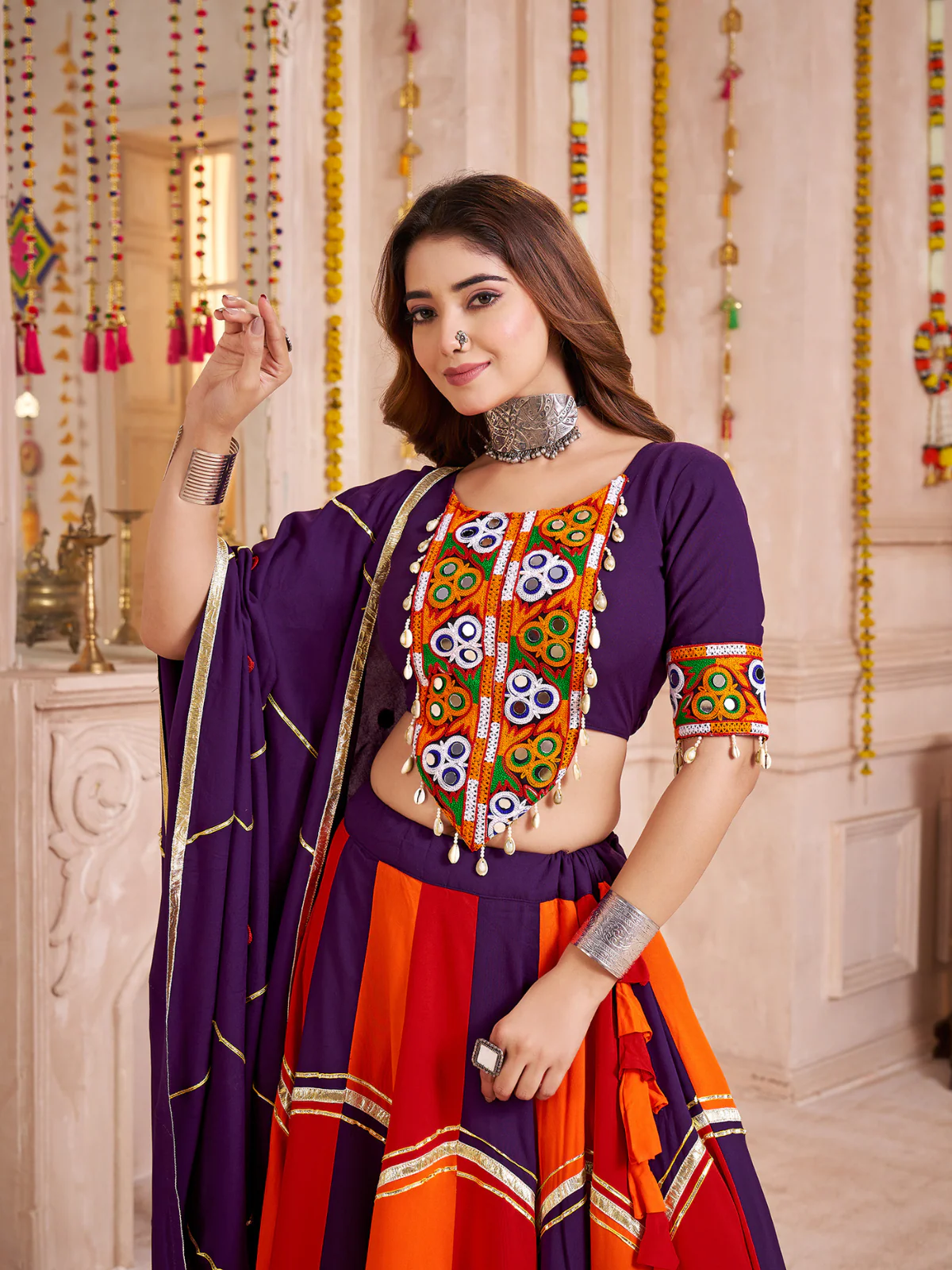 Odette Multicolor Viscose Cotton Embroidered Semi-Stitched Lehenga Choli For Women - Image 3