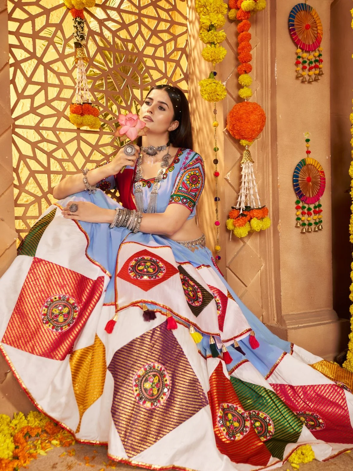 Odette Multicolor Viscose Cotton Embroidered Semi-Stitched lehenga With Patch Work And Stunning Tassels For Women - Image 2