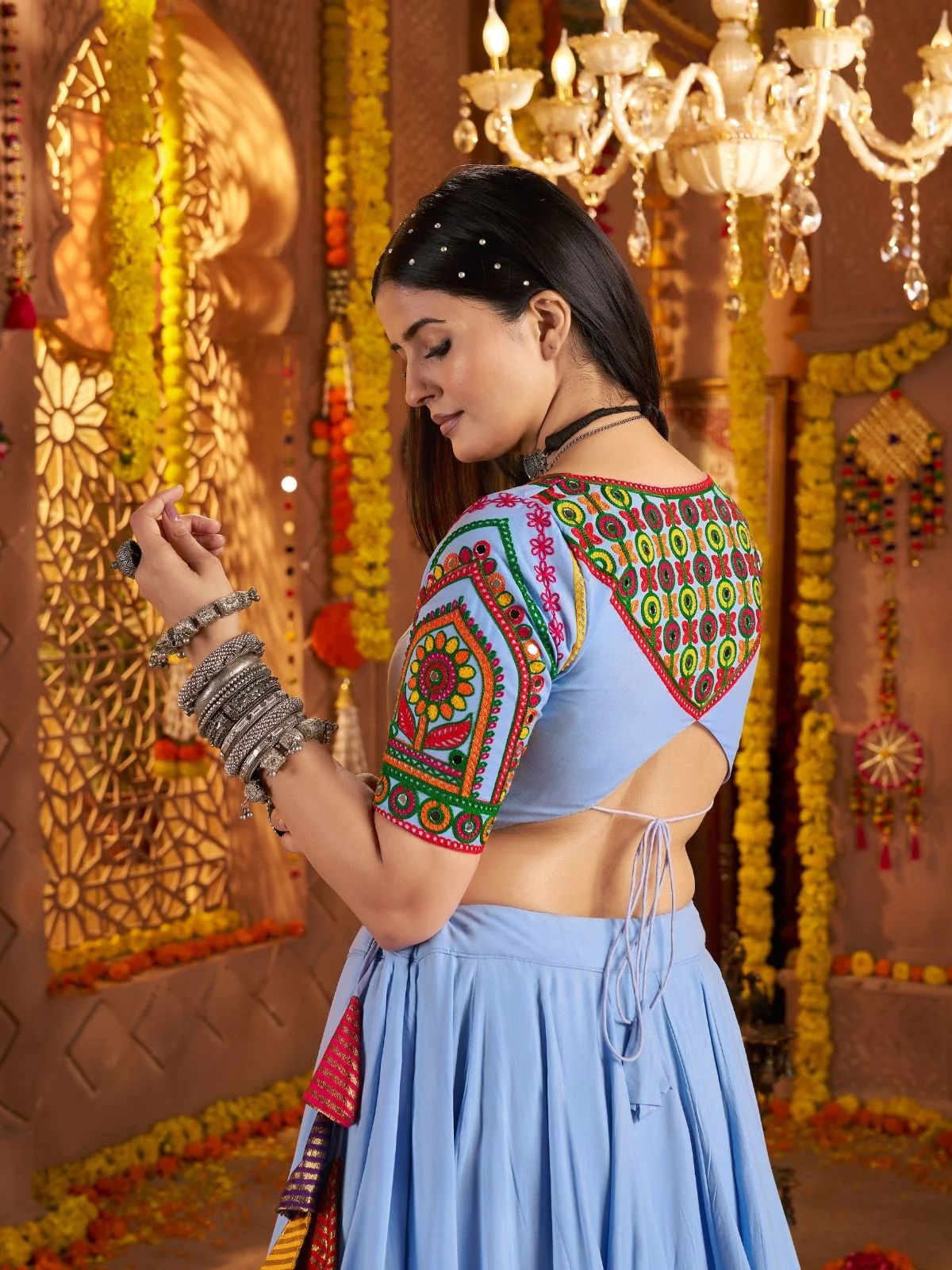 Odette Multicolor Viscose Cotton Embroidered Semi-Stitched lehenga With Patch Work And Stunning Tassels For Women - Image 3
