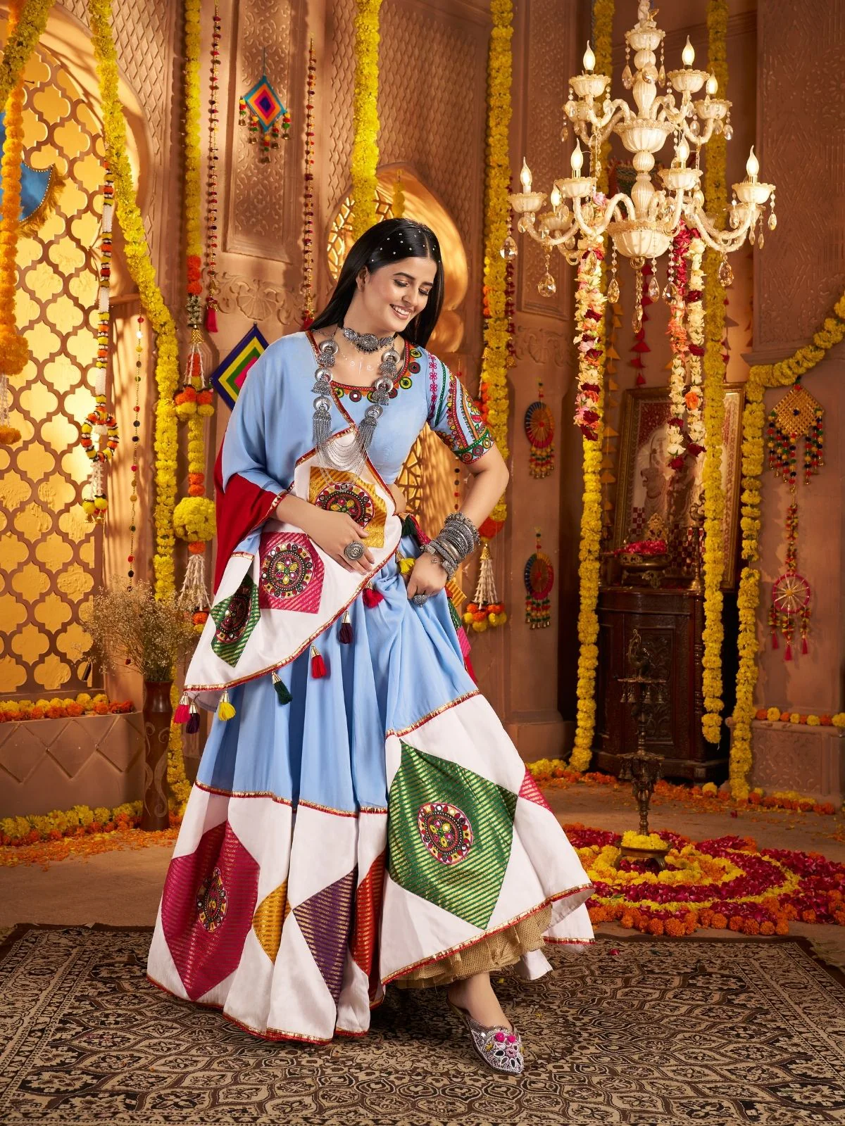 Odette Multicolor Viscose Cotton Embroidered Semi-Stitched lehenga With Patch Work And Stunning Tassels For Women - Image 4