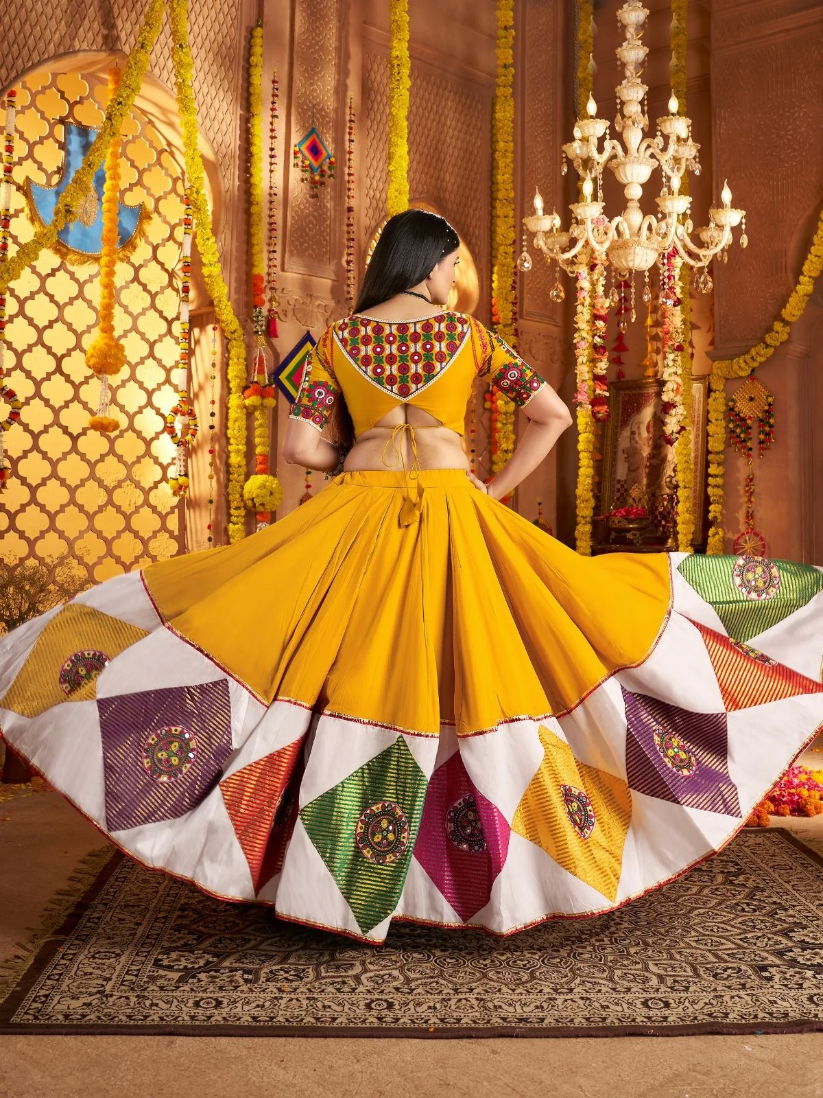 Odette Multicolor Viscose Cotton Embroidered Semi-Stitched lehenga With Patch Work And Stunning Tassels For Women - Image 3