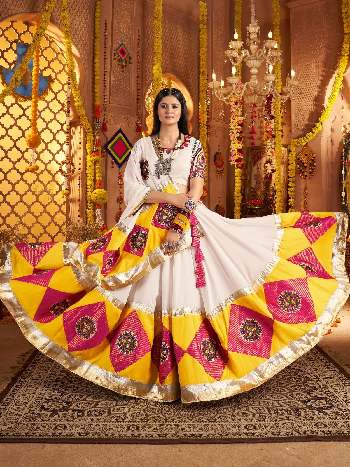 Odette Multicolor Viscose Cotton Embroidered Semi-Stitched lehenga With Patch Work And Stunning Tassels For Women - Image 2