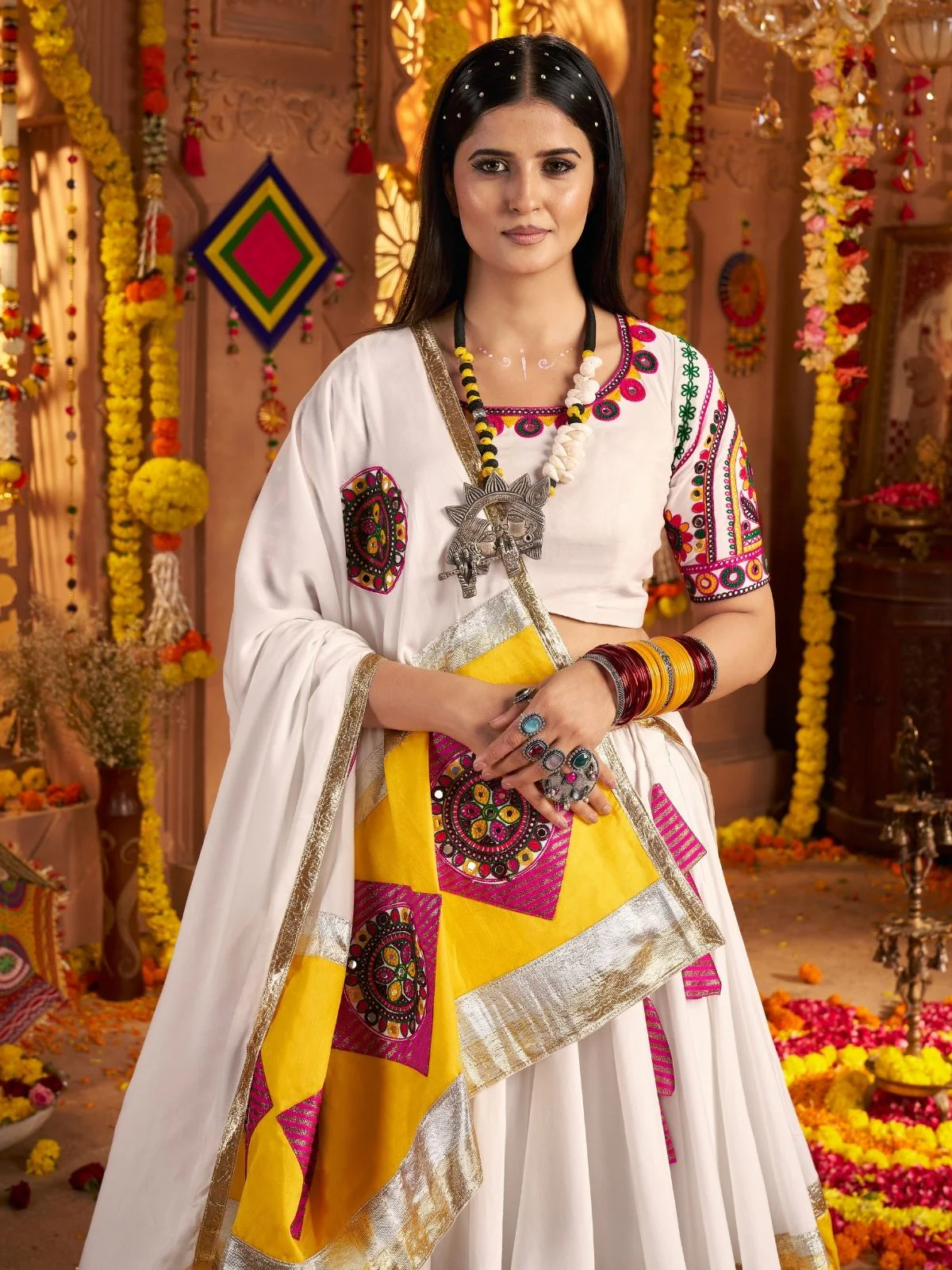 Odette Multicolor Viscose Cotton Embroidered Semi-Stitched lehenga With Patch Work And Stunning Tassels For Women - Image 4