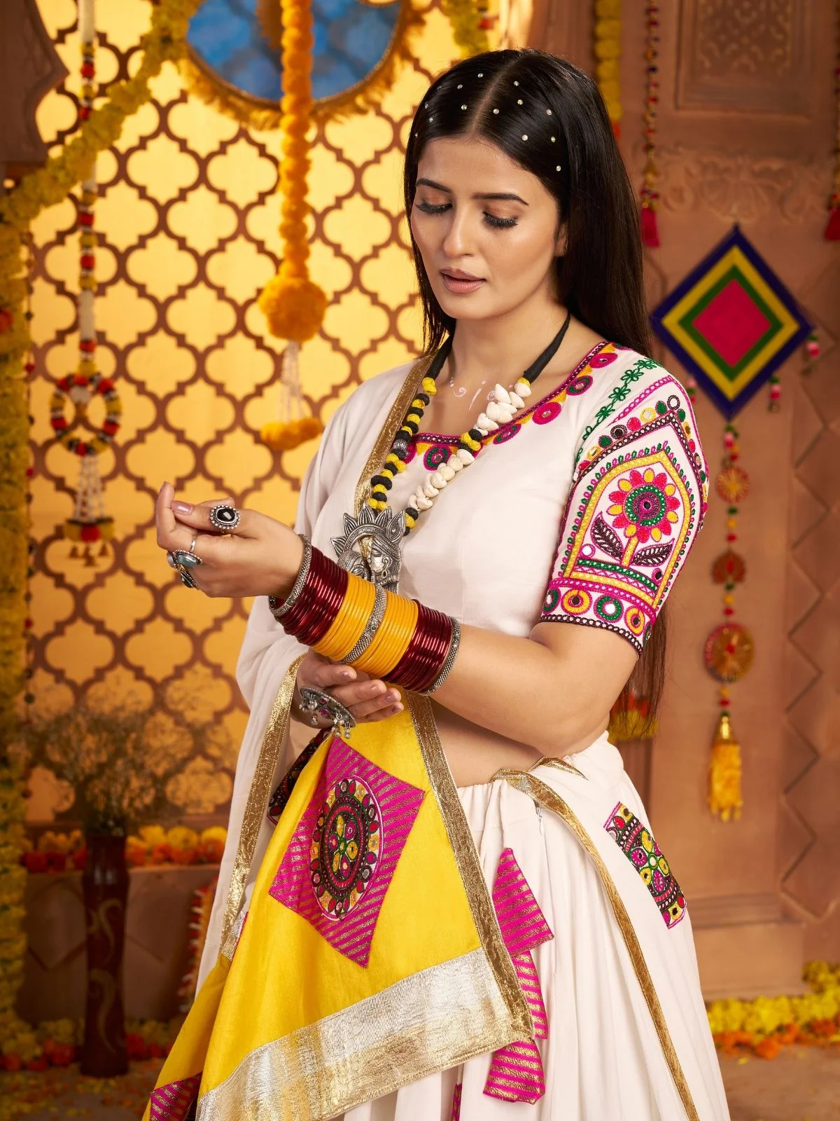 Odette Multicolor Viscose Cotton Embroidered Semi-Stitched lehenga With Patch Work And Stunning Tassels For Women - Image 5