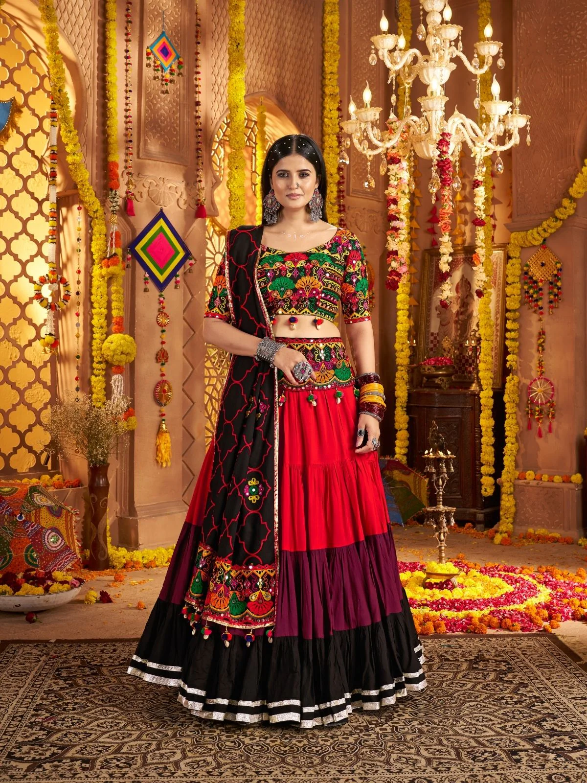 Odette Multicolor Viscose Cotton Embroidered Semi-Stitched lehenga With Stunning Tassels And Embroidered Waist Belt For Women - Image 3