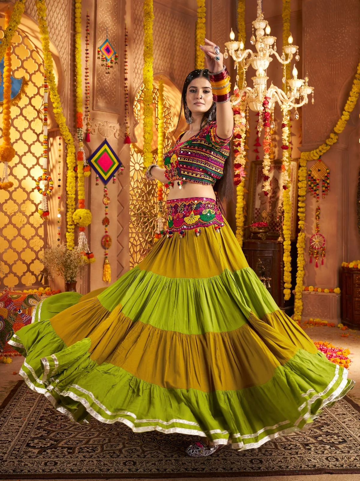 Odette Multicolor Viscose Cotton Embroidered Semi-Stitched lehenga With Stunning Tassels And Embroidered Waist Belt For Women - Image 3