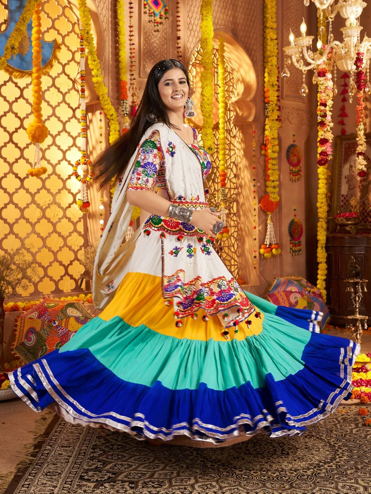 Odette Multicolor Viscose Cotton Embroidered Semi-Stitched lehenga With Stunning Tassels And Embroidered Waist Belt For Women - Image 2