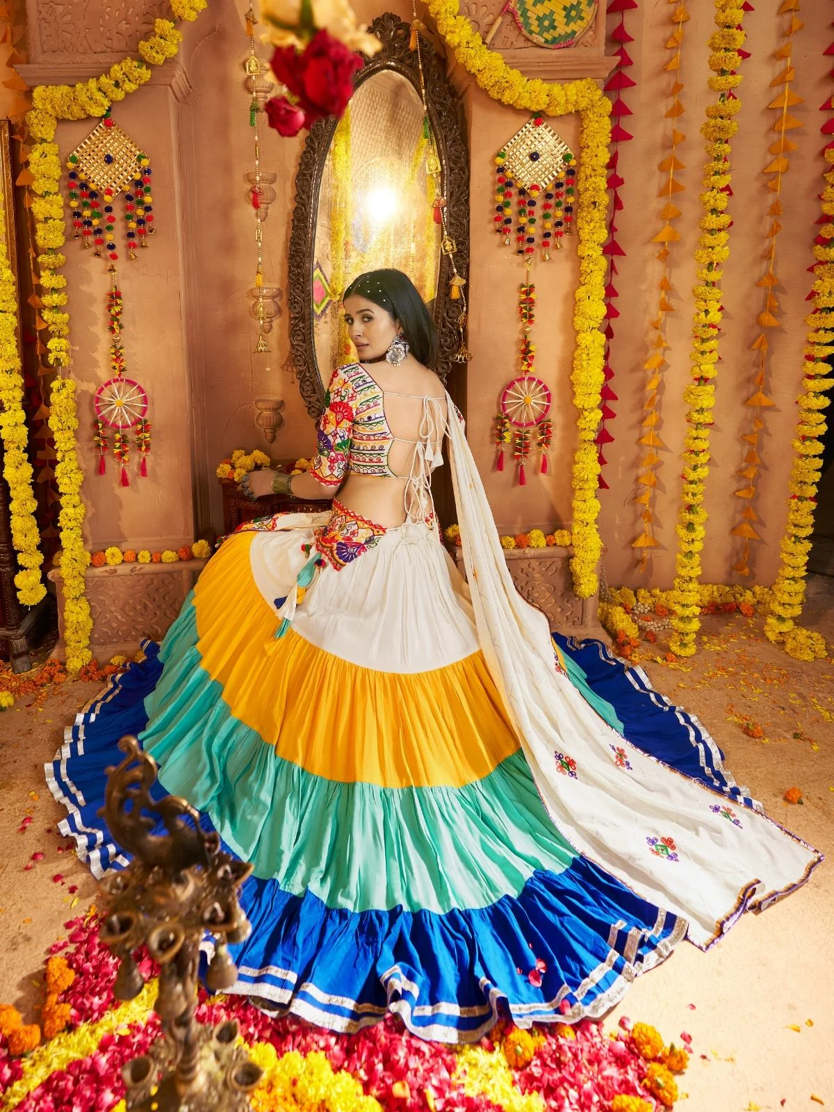 Odette Multicolor Viscose Cotton Embroidered Semi-Stitched lehenga With Stunning Tassels And Embroidered Waist Belt For Women - Image 3
