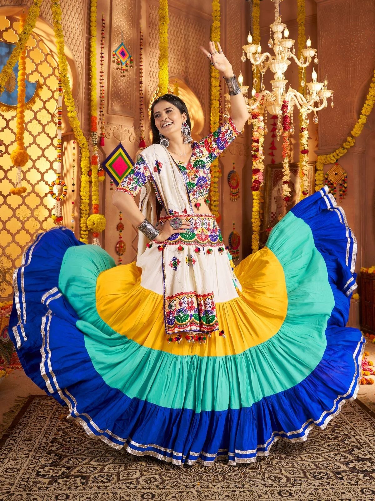 Odette Multicolor Viscose Cotton Embroidered Semi-Stitched lehenga With Stunning Tassels And Embroidered Waist Belt For Women - Image 4
