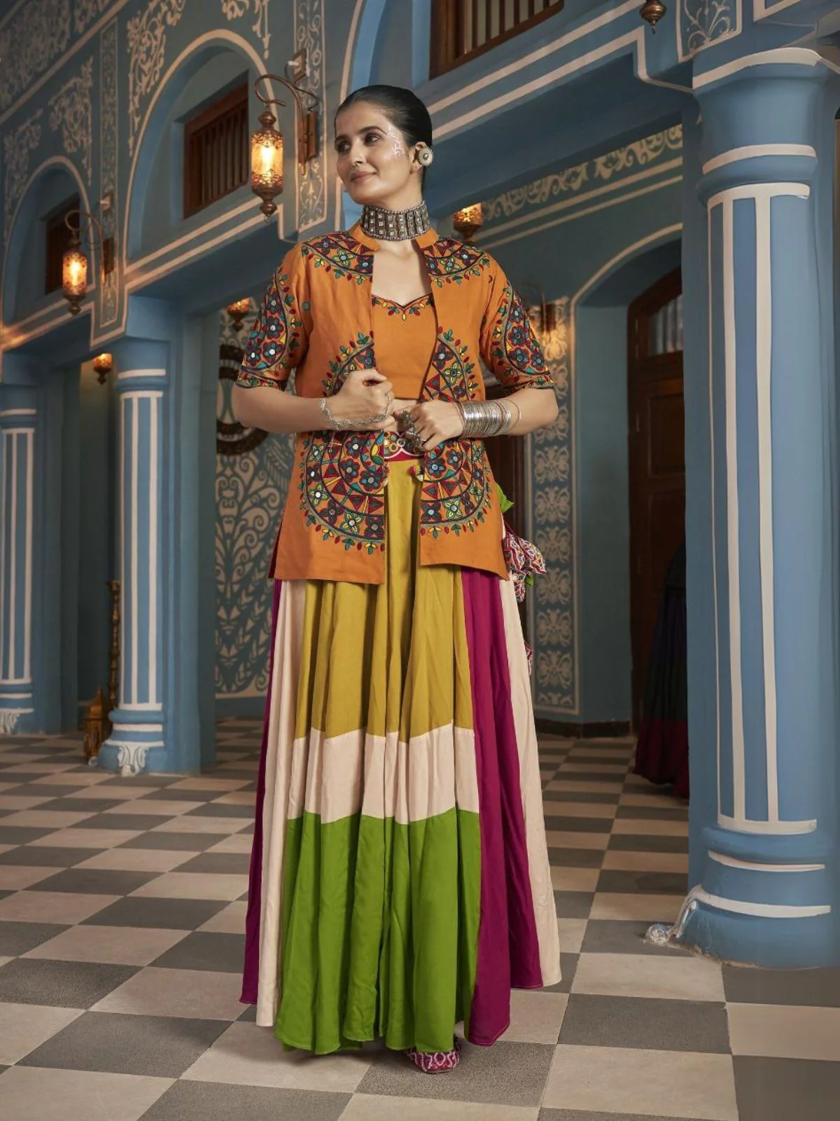 Odette Multicolor Viscose Rayon Embroidered Stitched Lehenga Set For Women - Image 2