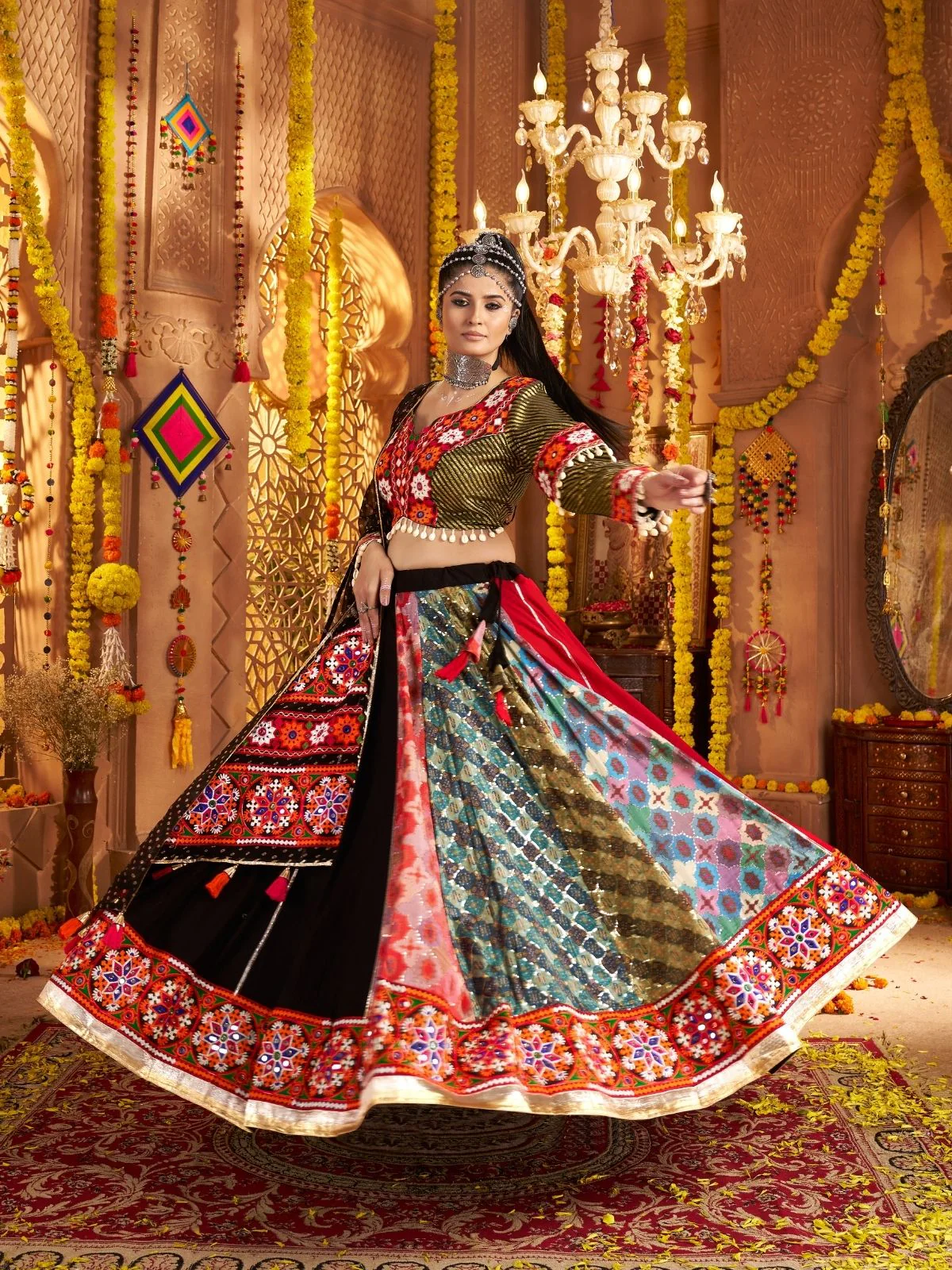 Odette Multicolor Viscose Rayon Embroidered Semi-Stitched lehenga With Stunning Tassels For Women - Image 2