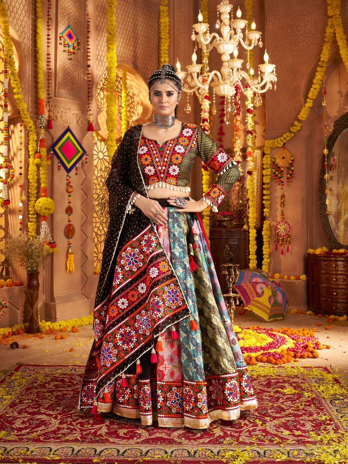 Odette Multicolor Viscose Rayon Embroidered Semi-Stitched lehenga With Stunning Tassels For Women - Image 3