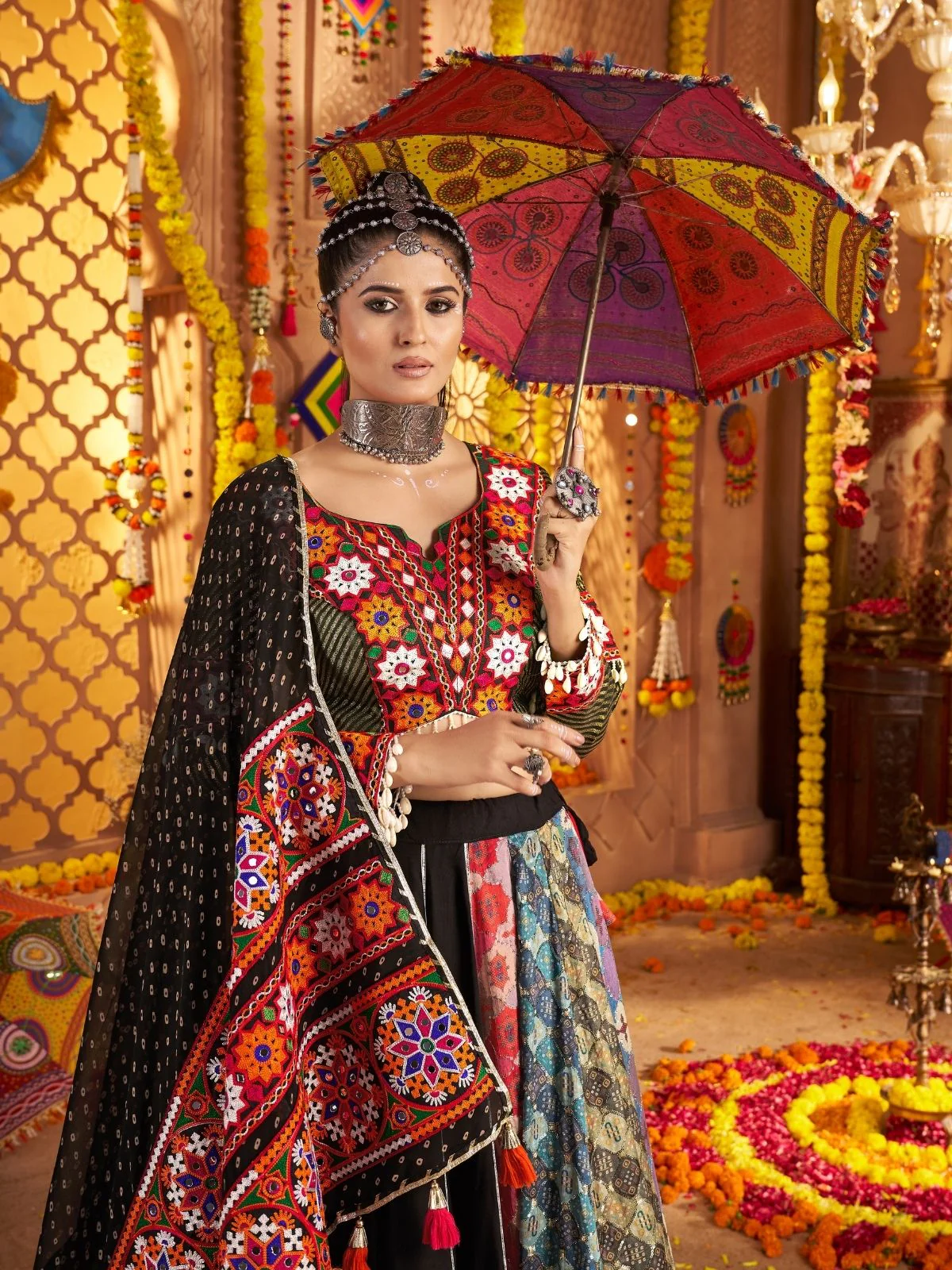 Odette Multicolor Viscose Rayon Embroidered Semi-Stitched lehenga With Stunning Tassels For Women - Image 5