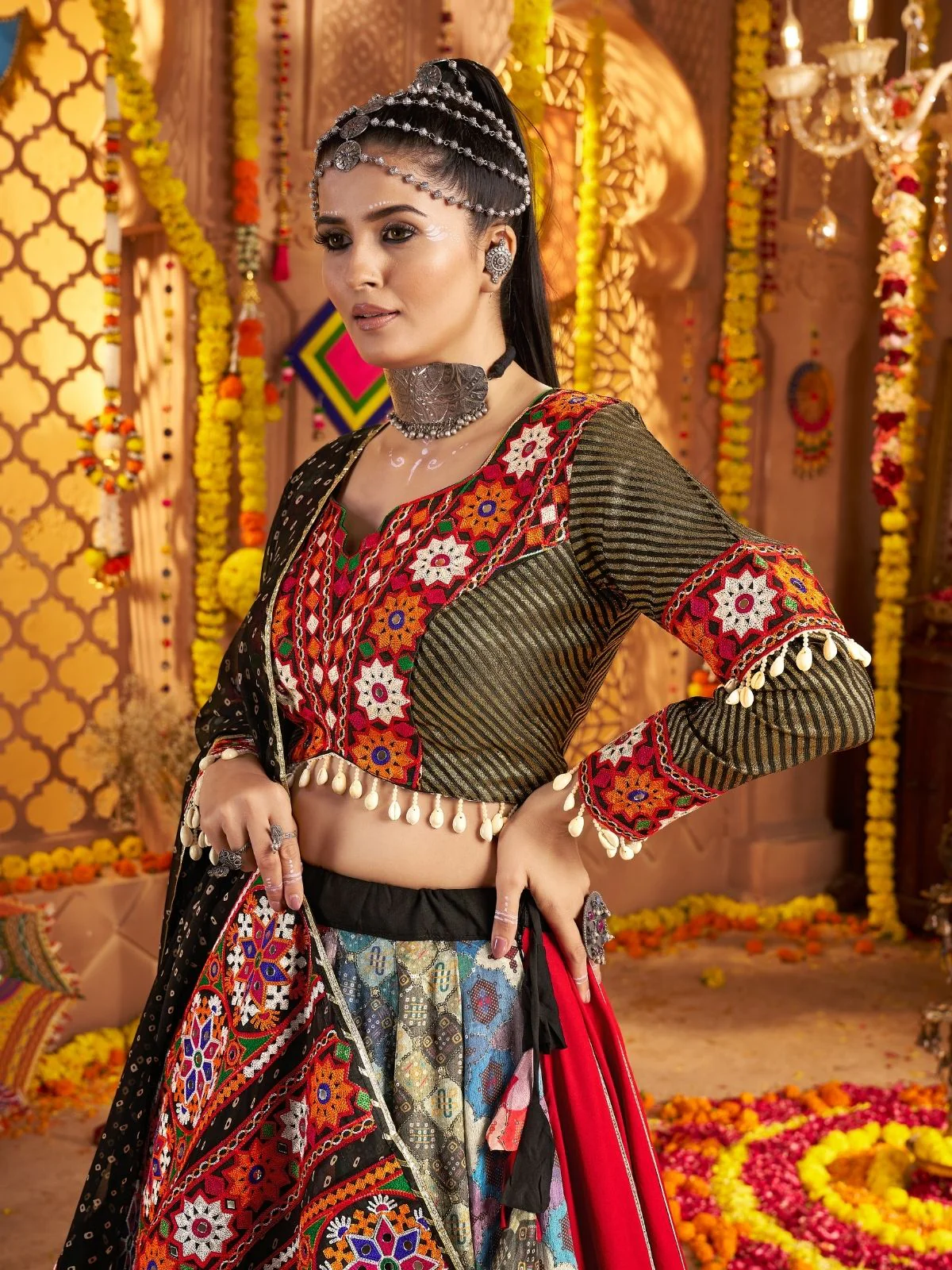 Odette Multicolor Viscose Rayon Embroidered Semi-Stitched lehenga With Stunning Tassels For Women - Image 6