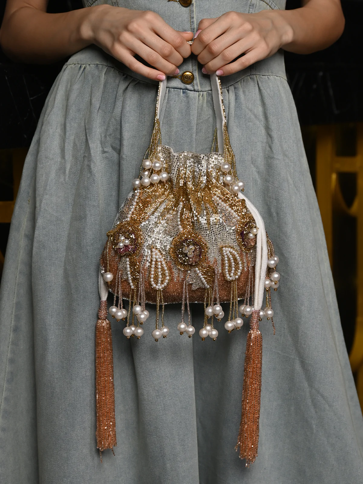 Odette Multicolor Embroidered Potli Bag with Tassels For Women - Image 2